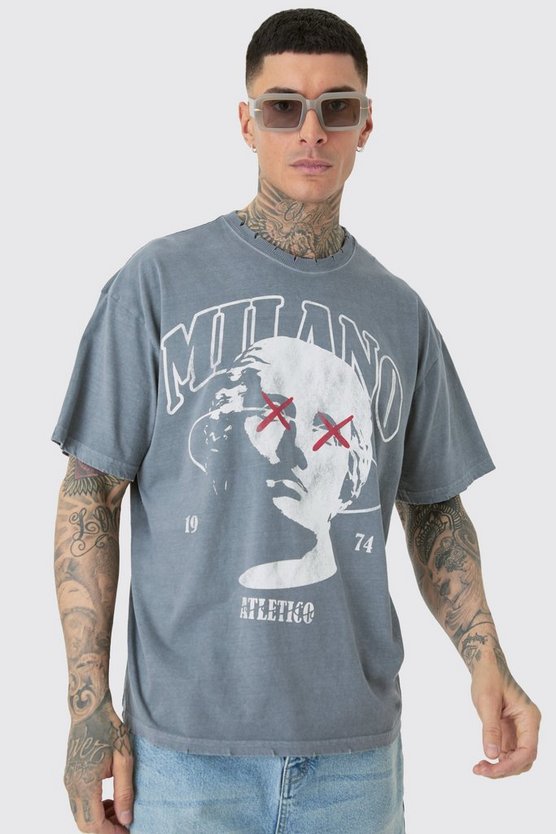 Tall zerrissenes Oversize T-Shirt mit Milano-Print
