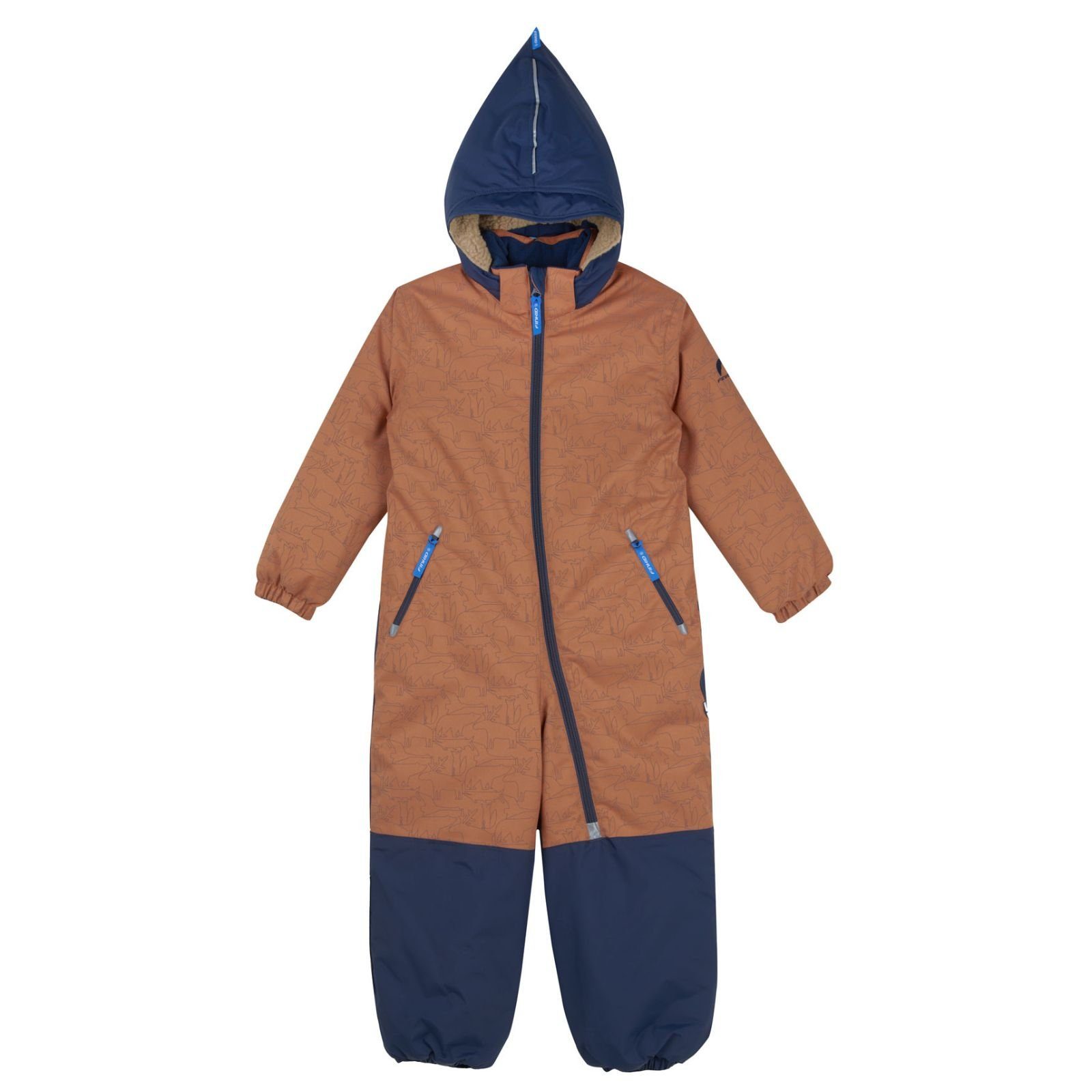 Finkid Schneeoverall Finkid Turva Ice Winteroverall mit reflektierendem Print Almond/Navy Overrall Winteranzug Kinder Overall