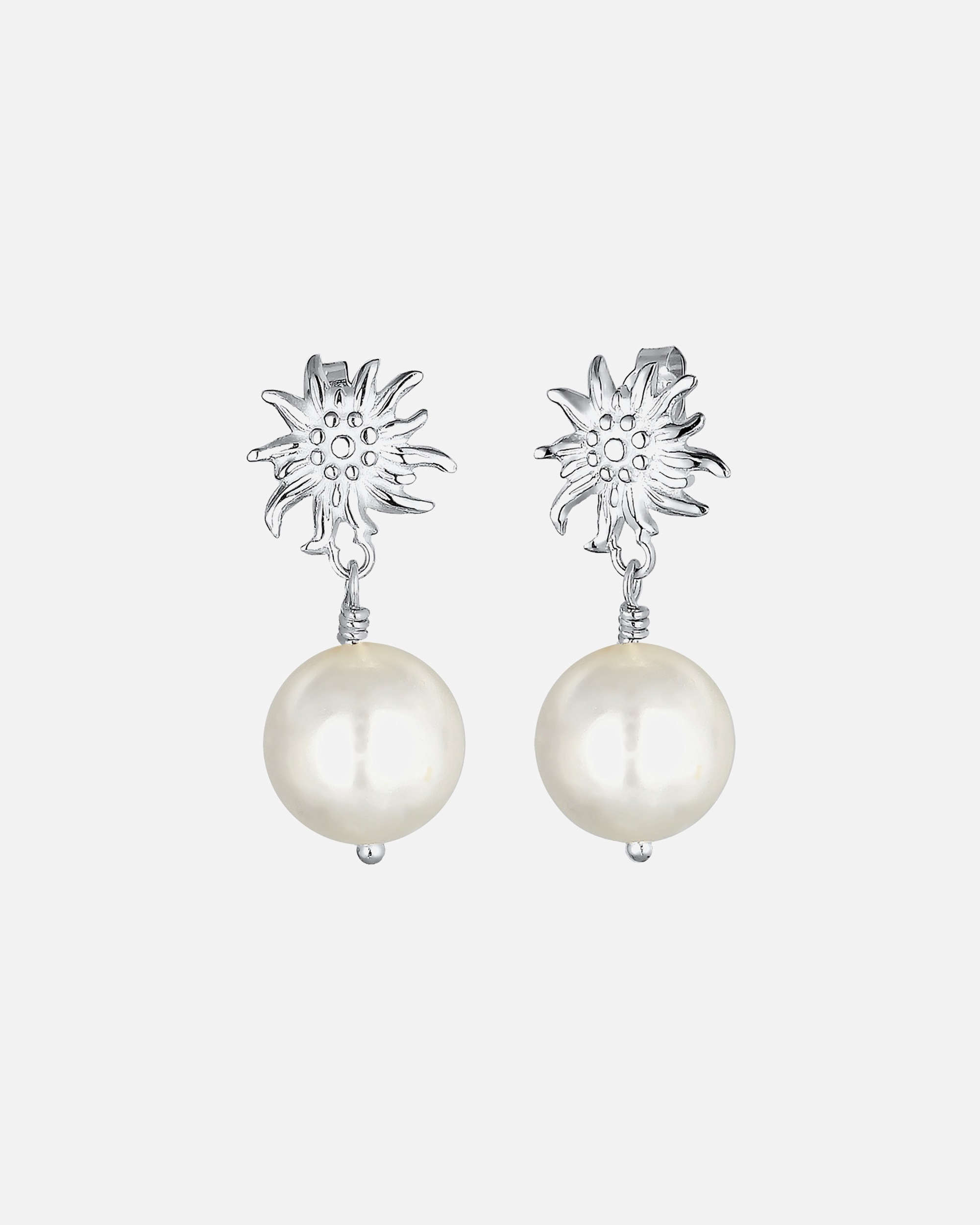Pendientes colgantes Elli para mujer con diseño de edelweiss y perla de concha en plata de ley 925.