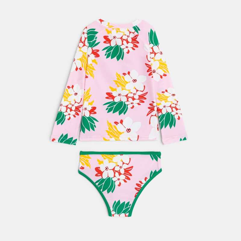Maillot de bain t-shirt et culotte bébé fille rose fleurs exotiques Catimini