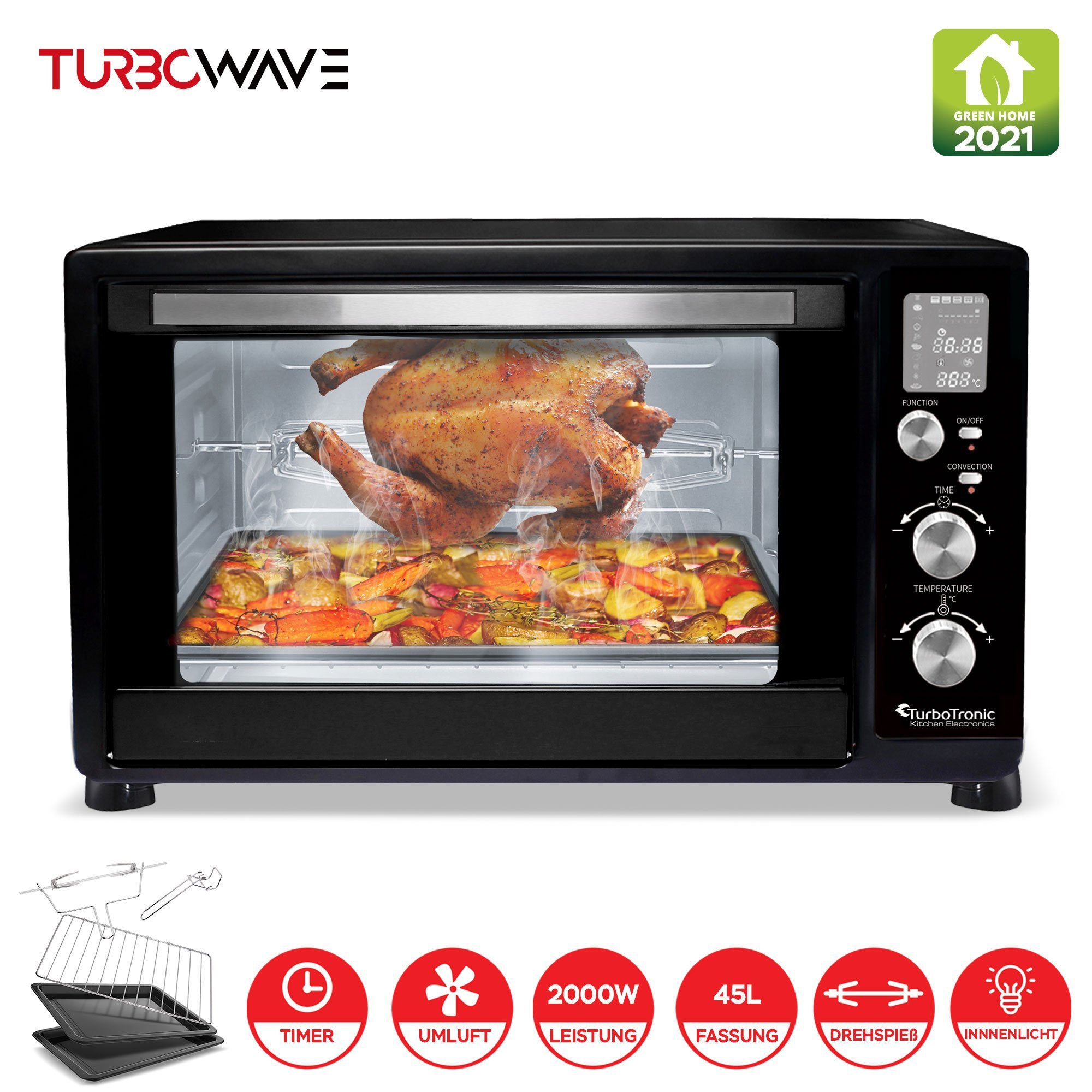 TurboTronic by Z-Line Minibackofen 45 L mit Umluft Drehspieß 2000W 2x Backblech Gitter Kompakt Elektro, Mini Tisch Backofen Camping Pizzaofen Digital