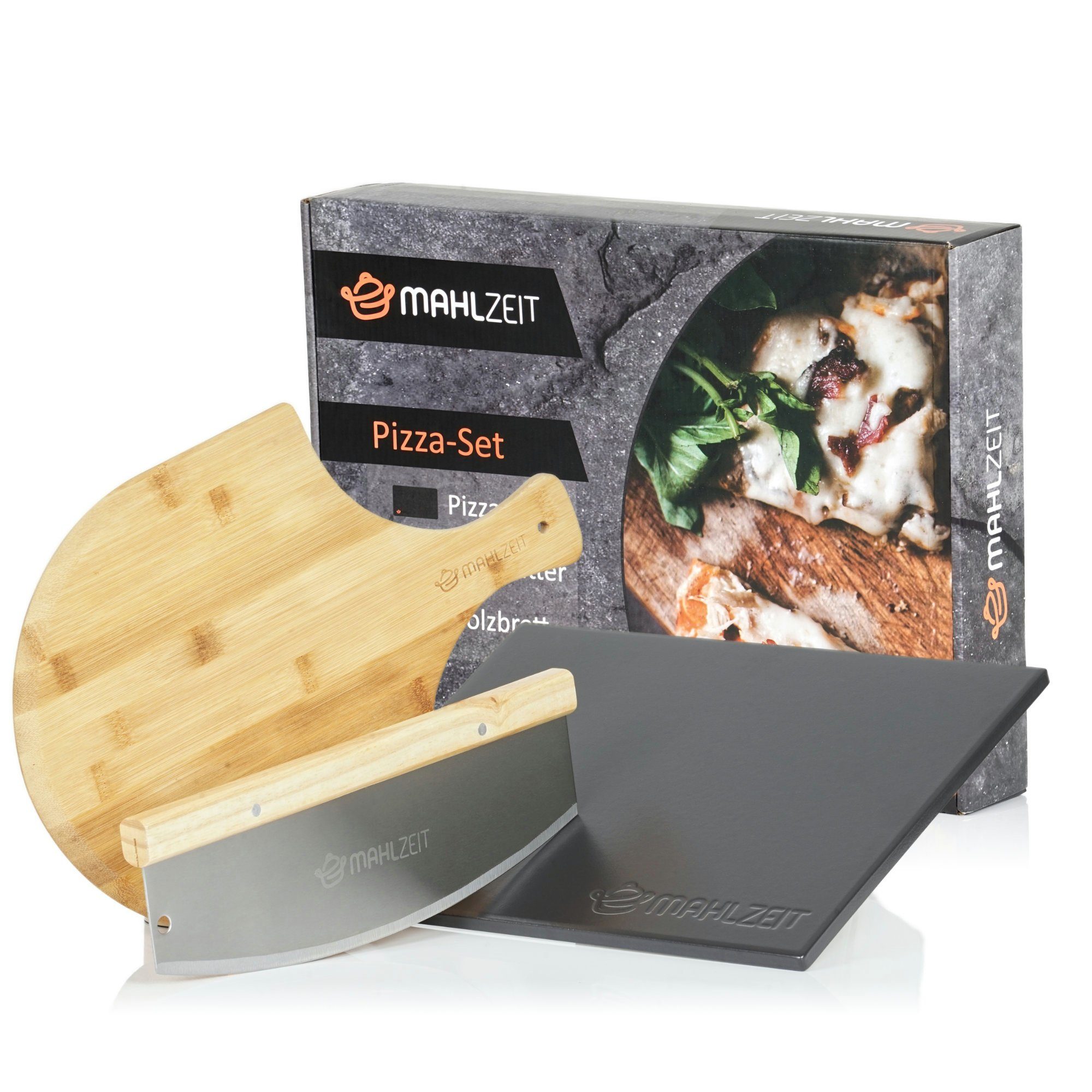 Mahlzeit Pizzastein 3-teiliges Pizza Set, 38 x 30 cm, Pizzastein mit Schaufel und Messer, Cordierit, (Set, 1x Pizzastein, 1x Bambus Pizzaschaufel, 1x Pizzamesser)