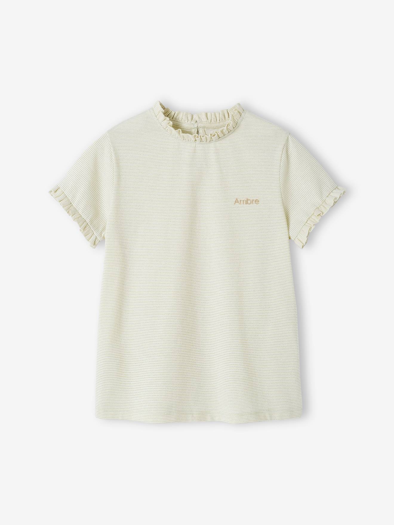 Vertbaudet Mädchen T-Shirt mit Glanzstreifen, personalisierbar - wollweiß