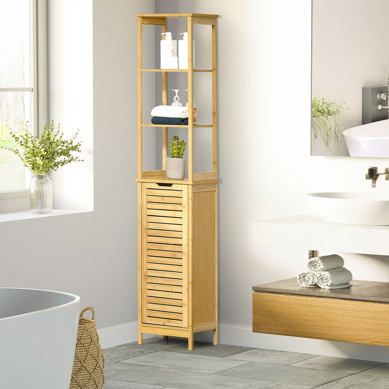 kleankin Badezimmerschrank Badezimmer Hochschrank mit 3 offenen Fächer Natur