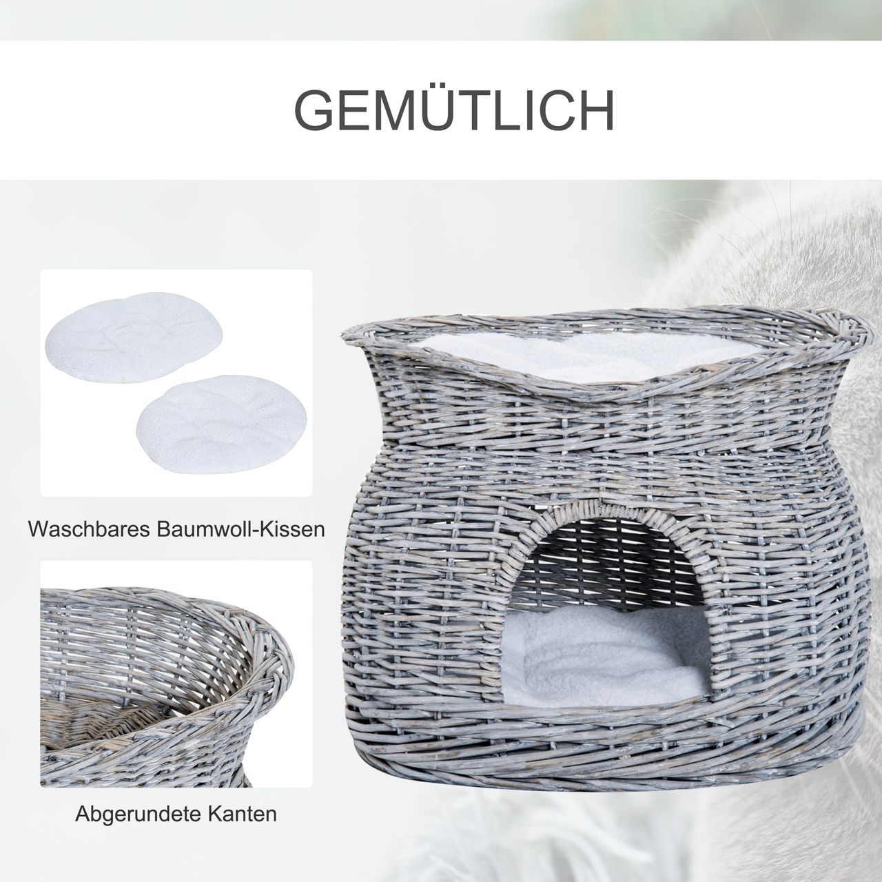 PawHut zweistöckiges Katzenhaus, Katzenbett Katzenhöhle, Katzenkorb mit 2 Kissen, Weidenkorb mit Liegedach, Grau, 56 x 37 x 40 cm