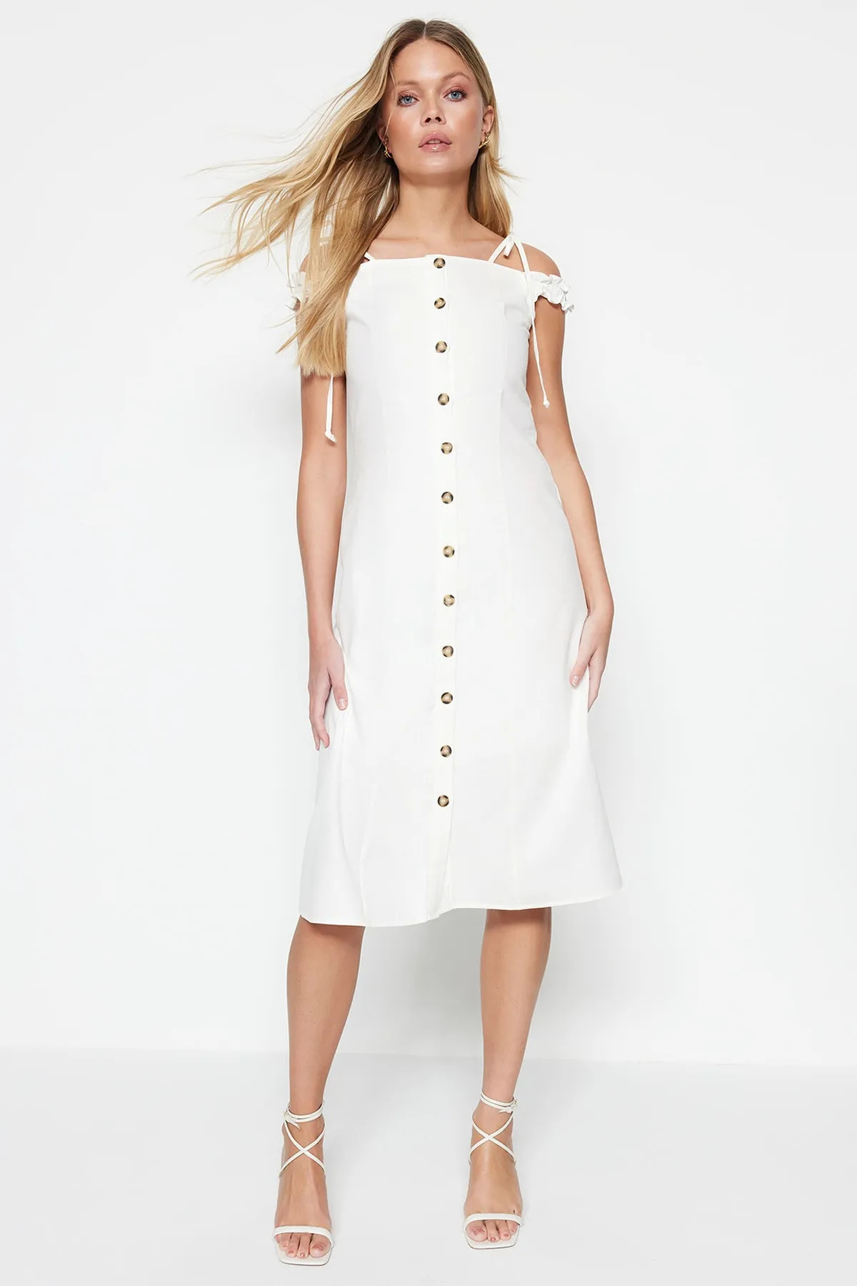 Trendyol Collection  Ecru Tall A-Cut Midi Woven Carmen Collar Woven Dress TWOSS22EL00357