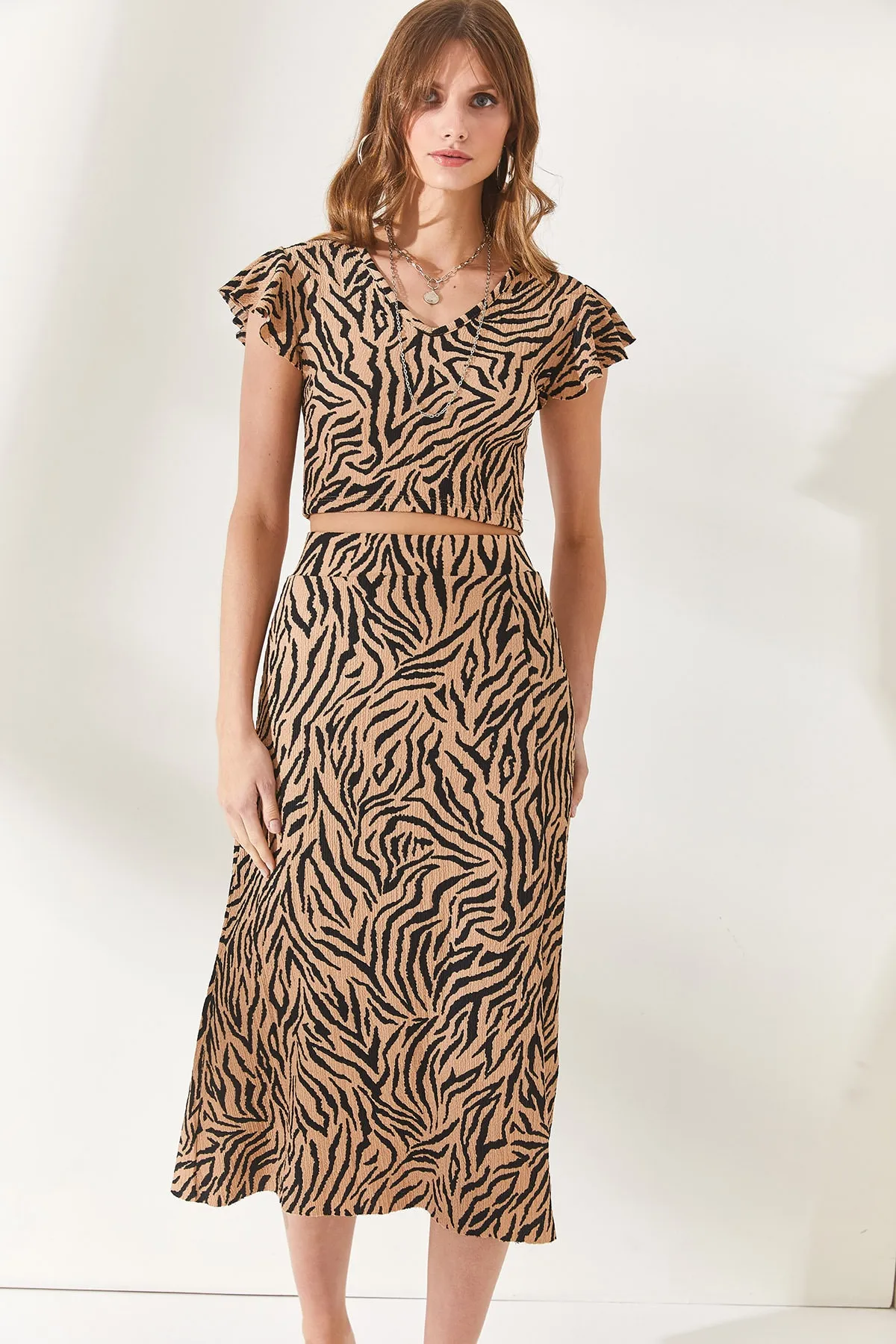 Olalook  Damen Kamel Zebra Top Bluse Unterteil Schlitz Rock Set TKM-19000198