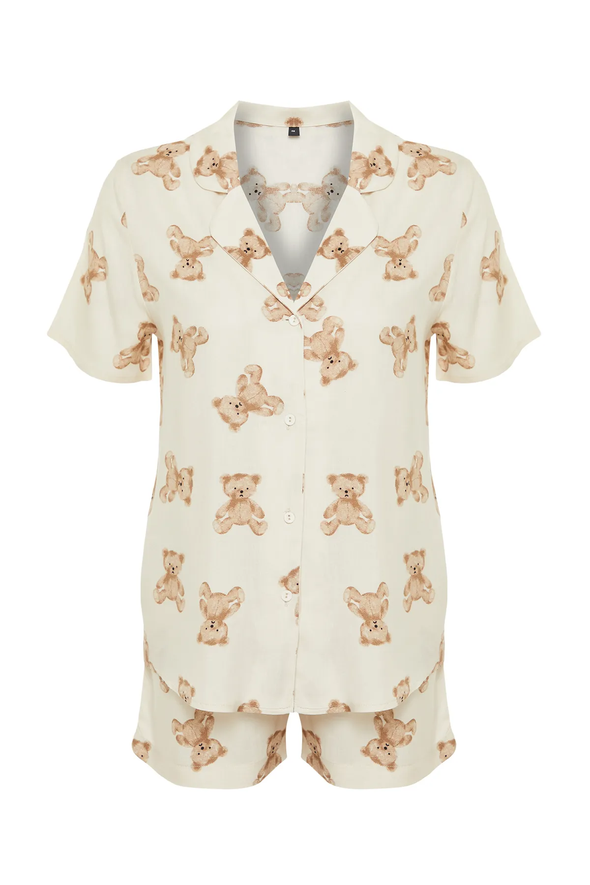 Trendyol Collection  Beigefarbenes Pyjama-Set aus gewebter Viskose mit Teddybär-Muster THMSS24PT00067