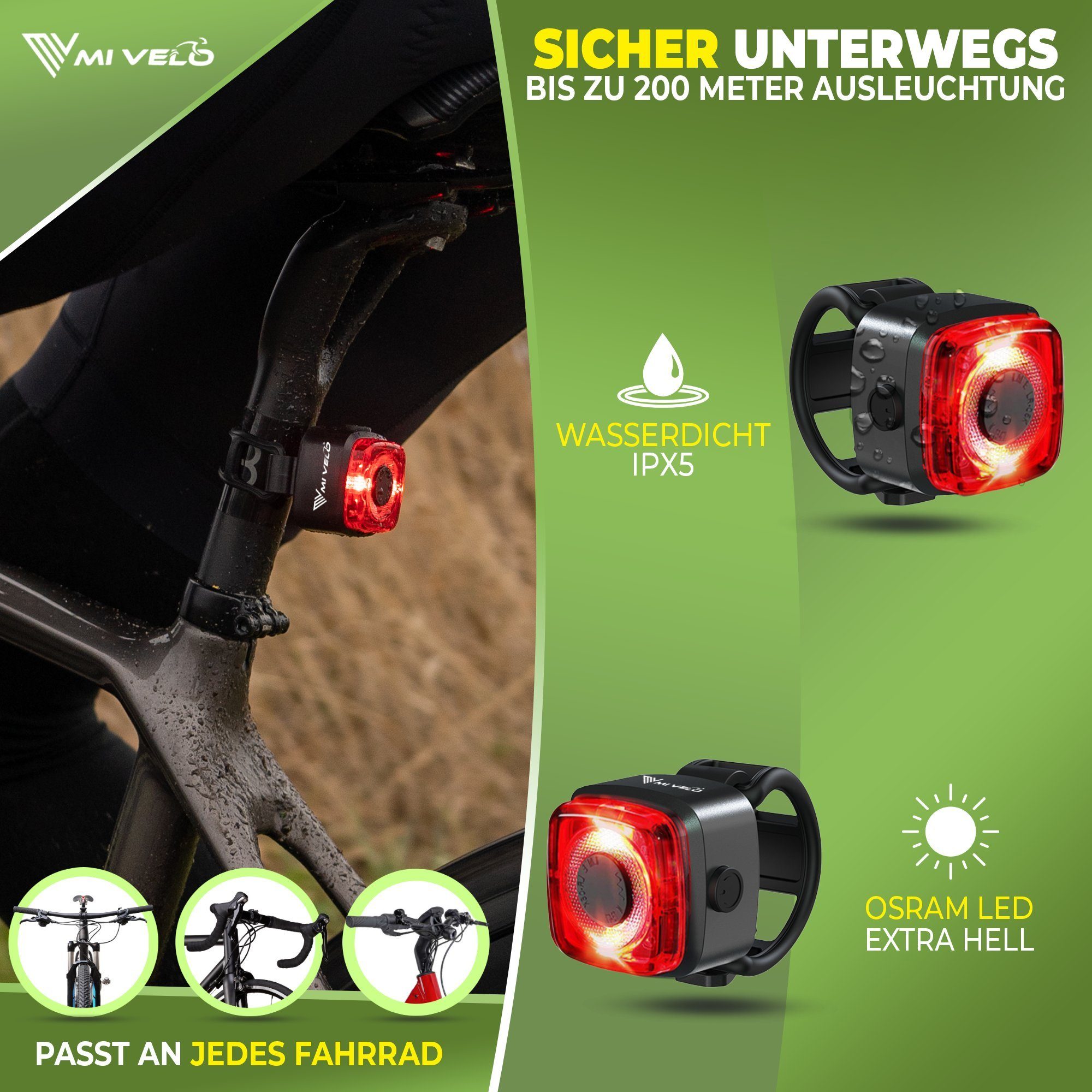 MIVELO Fahrradbeleuchtung CUBE ONE Fahrradlicht Set USB aufladbar StVZO zugelassen wasserdicht