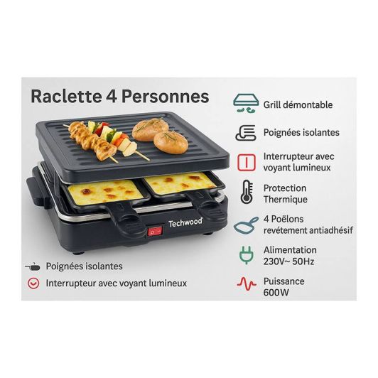 TECHWOOD Raclette pentru 4 persoane grătar TRA-46