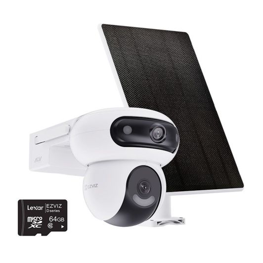 Pachet cameră de securitate EZVIZ HB90 cu panou solar de 8W, card microSD de 64 GB