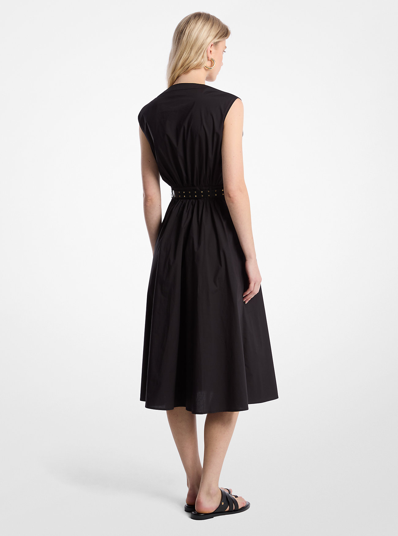 Stretch Cotton Poplin Belted Midi Dress - BLACK