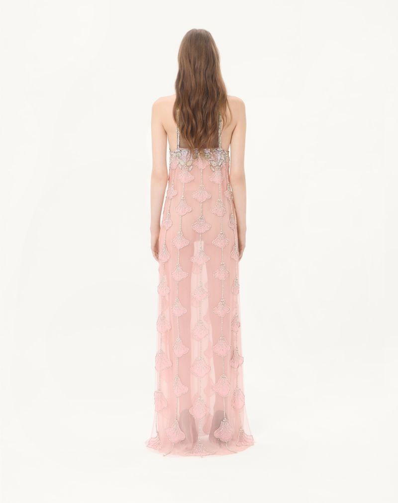 Vestido longo de tule com bordado ilusão