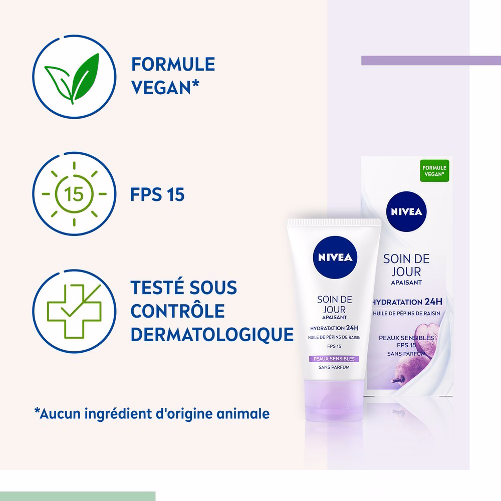 NIVEA 24H Łagodzący krem nawilżający na dzień z olejkiem z pestek winogron SPF 15, bezzapachowy, do skóry wrażliwej