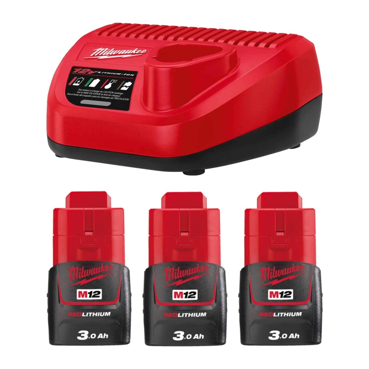 Accessori Milwaukee 4933459207 M12 NRG-303 M12™ Pacco NRG - 3 batterie 12V 3.0Ah + caricabatterie C12C 4933459207