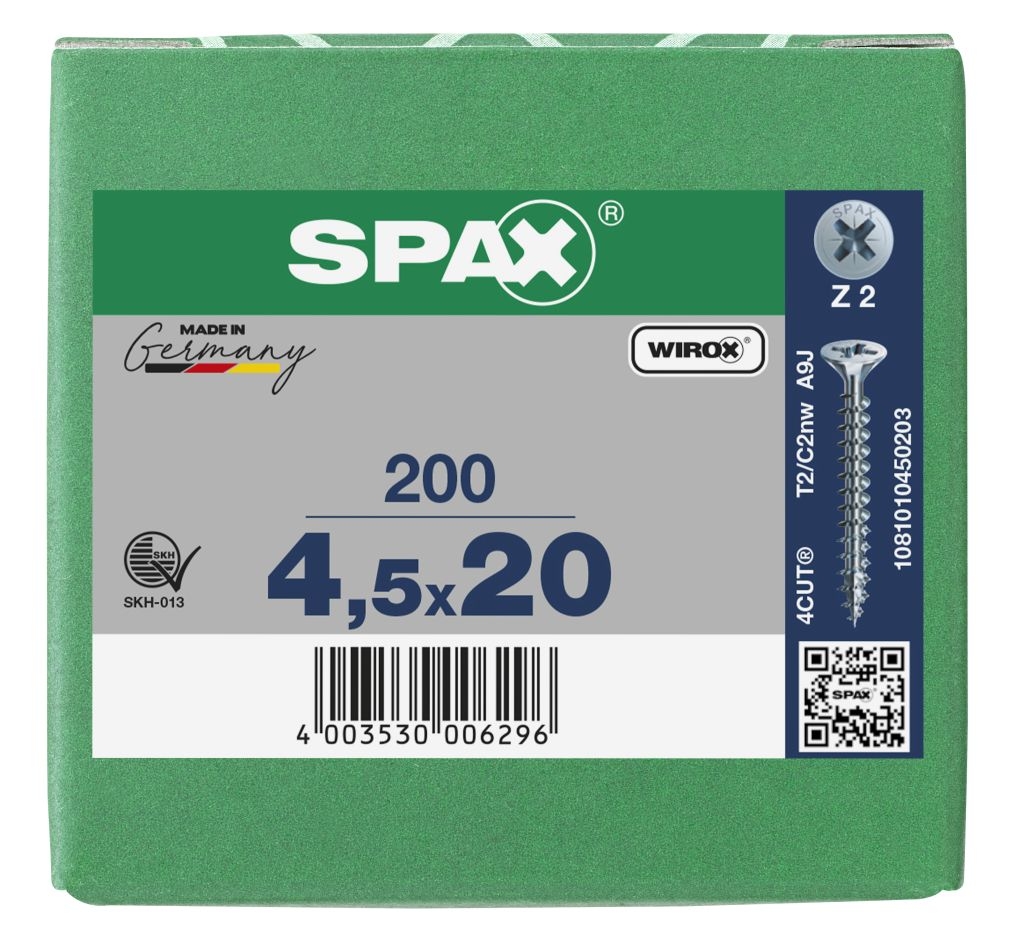 SPAX 1081010450203 Универзални вијак 4,5 x 20 мм, Пуни навој, Упуштена глава, Крстасти навој Z2 - 200 комада