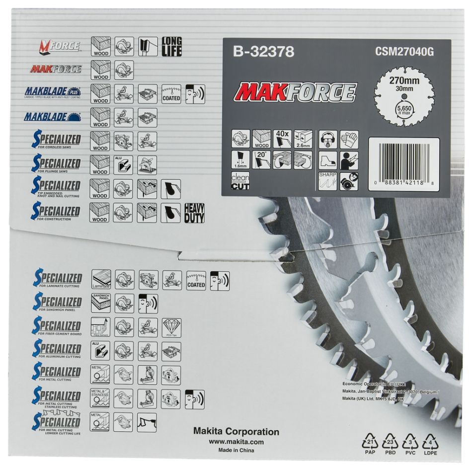 Makita Tillbehör B-32378 Trä Cirkelsågklinga Makforce 270x30x2.6 40T 20°