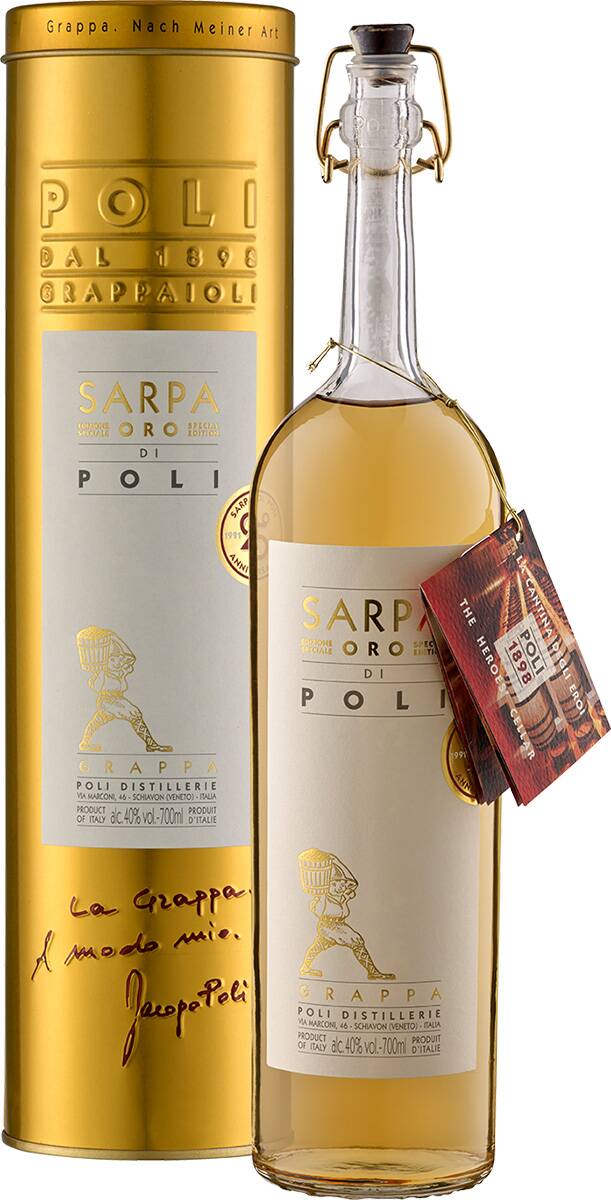 Weingut Jacopo Poli Grappa Sarpa Barrique Oro di Poli in Geschenkröhre