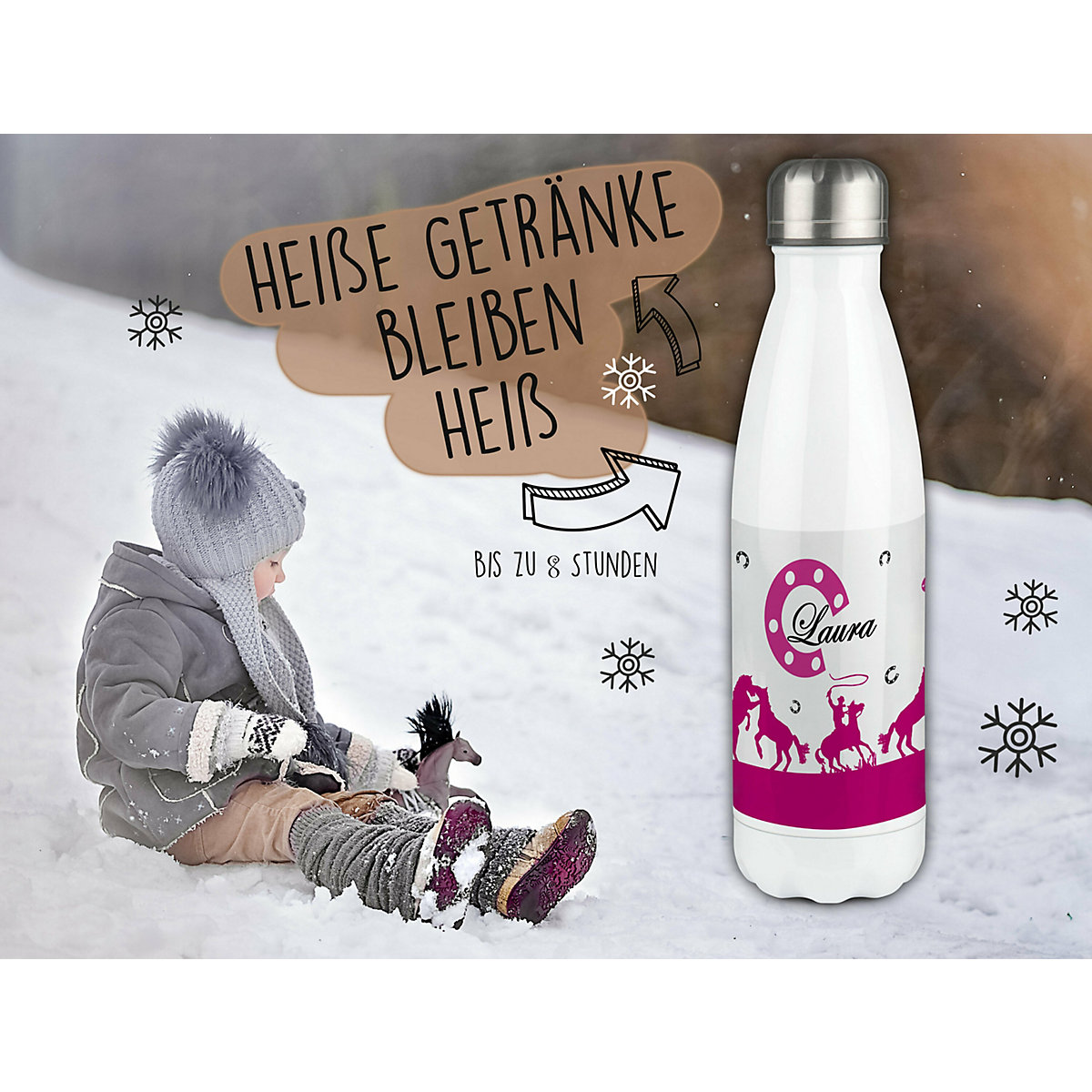 Edelstahl Kinder Thermoflasche / Trinkflasche bunt Cowboy Pferde Farbe pink Spülmaschinenfest, Auslaufsicher, Bruchfest, Doppelwandig, Für Heißgetränke geeignet, Mit Deckel, Isoliert
