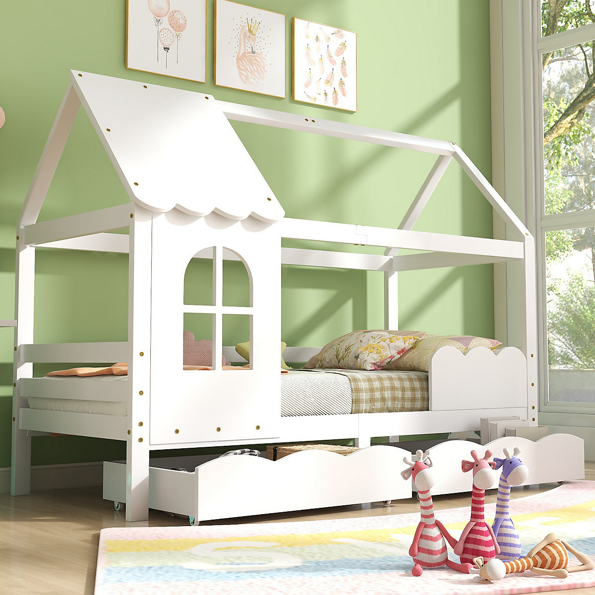 Hausbett 90x200 cm mit Schubladen und Rausfallschutz