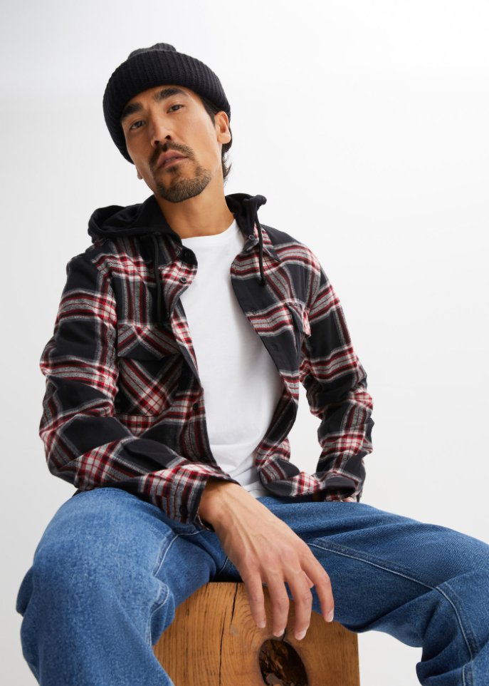 Flanell-Langarmhemd mit abnehmbarer Kapuze