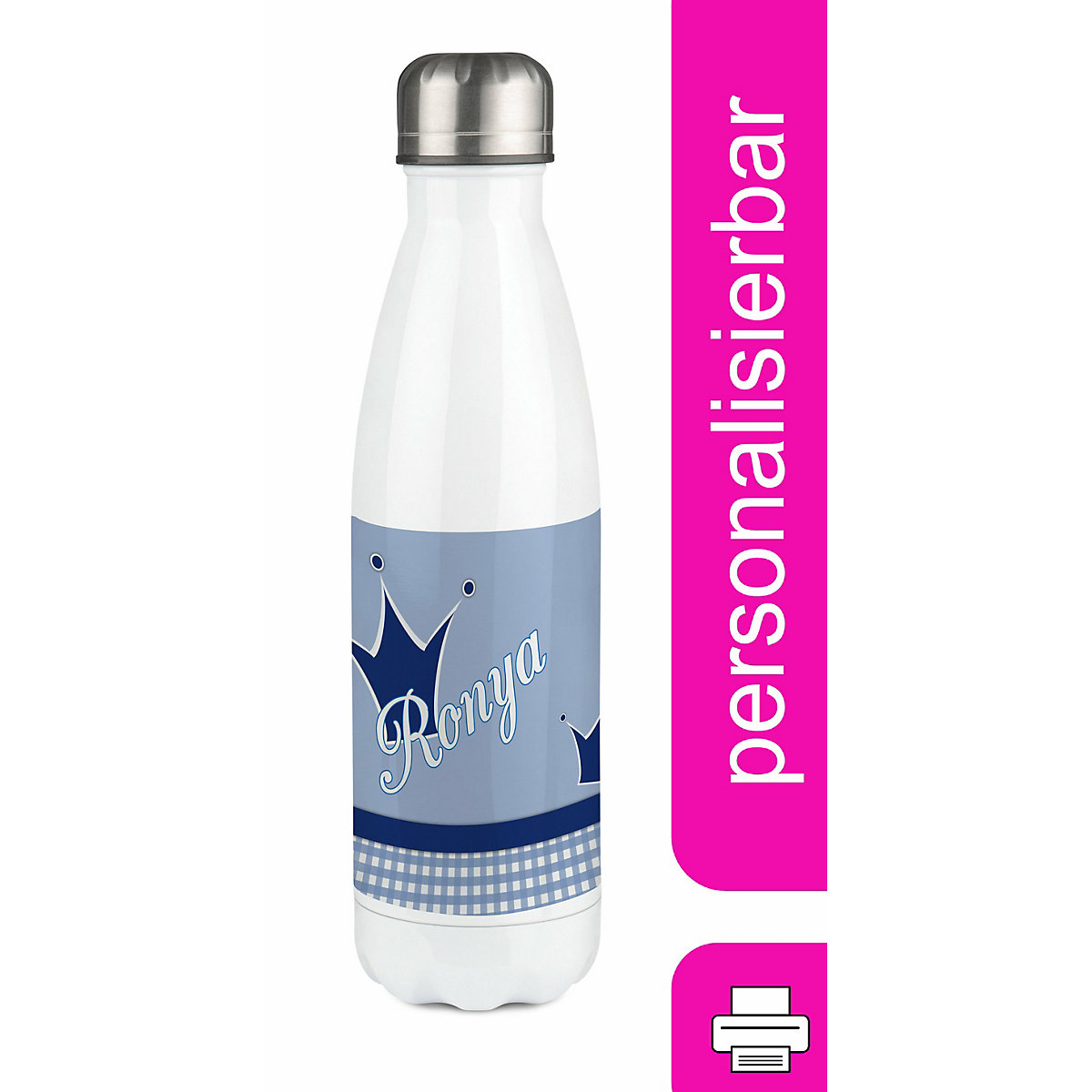 Edelstahl Kinder Thermoflasche / Trinkflasche bunt Krone Farbe blau Spülmaschinenfest, Auslaufsicher, Bruchfest, Doppelwandig, Für Heißgetränke geeignet, Mit Deckel, Isoliert