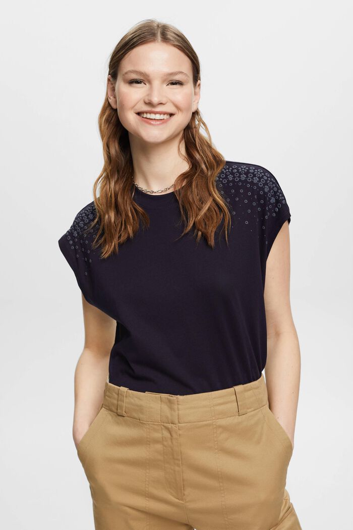 Ärmelloses Baumwoll-T-Shirt mit Blumenverzierung