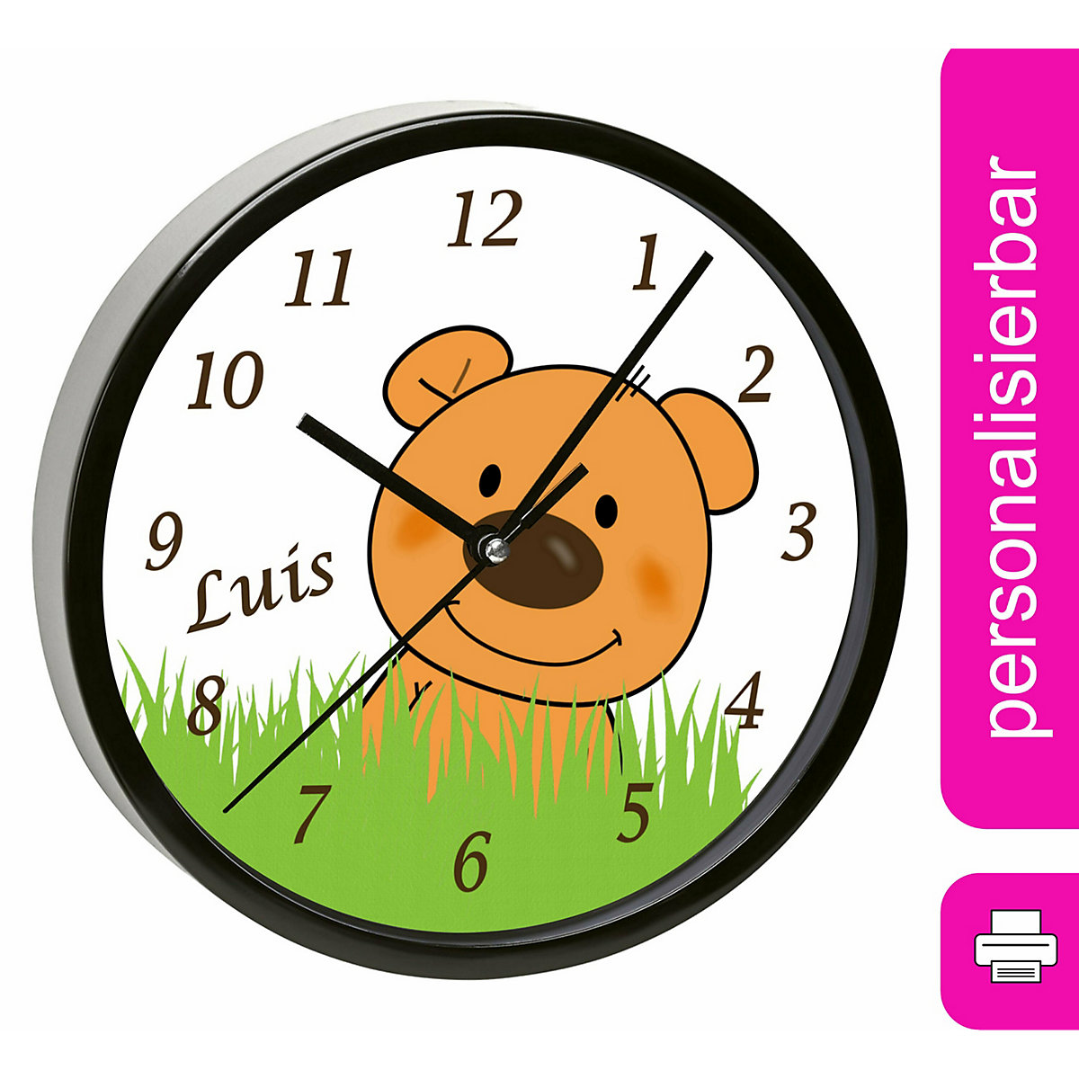 Kinder Wanduhr laufruhig personalisiert mit Name Teddy Bär-Graß
