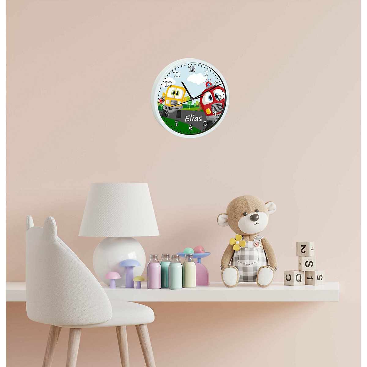 Kinder Wanduhr personalisiert mit Name Auto-Cartoon