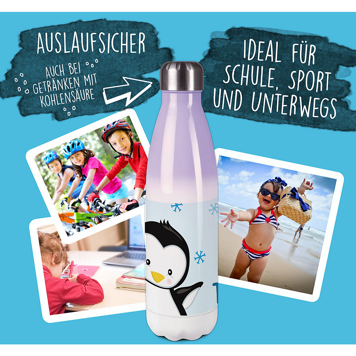 Edelstahl Kinder Thermoflasche / Trinkflasche bunt Pinguin Farbe hellblau Spülmaschinenfest, Auslaufsicher, Bruchfest, Doppelwandig, Für Heißgetränke geeignet, Mit Deckel, Isoliert