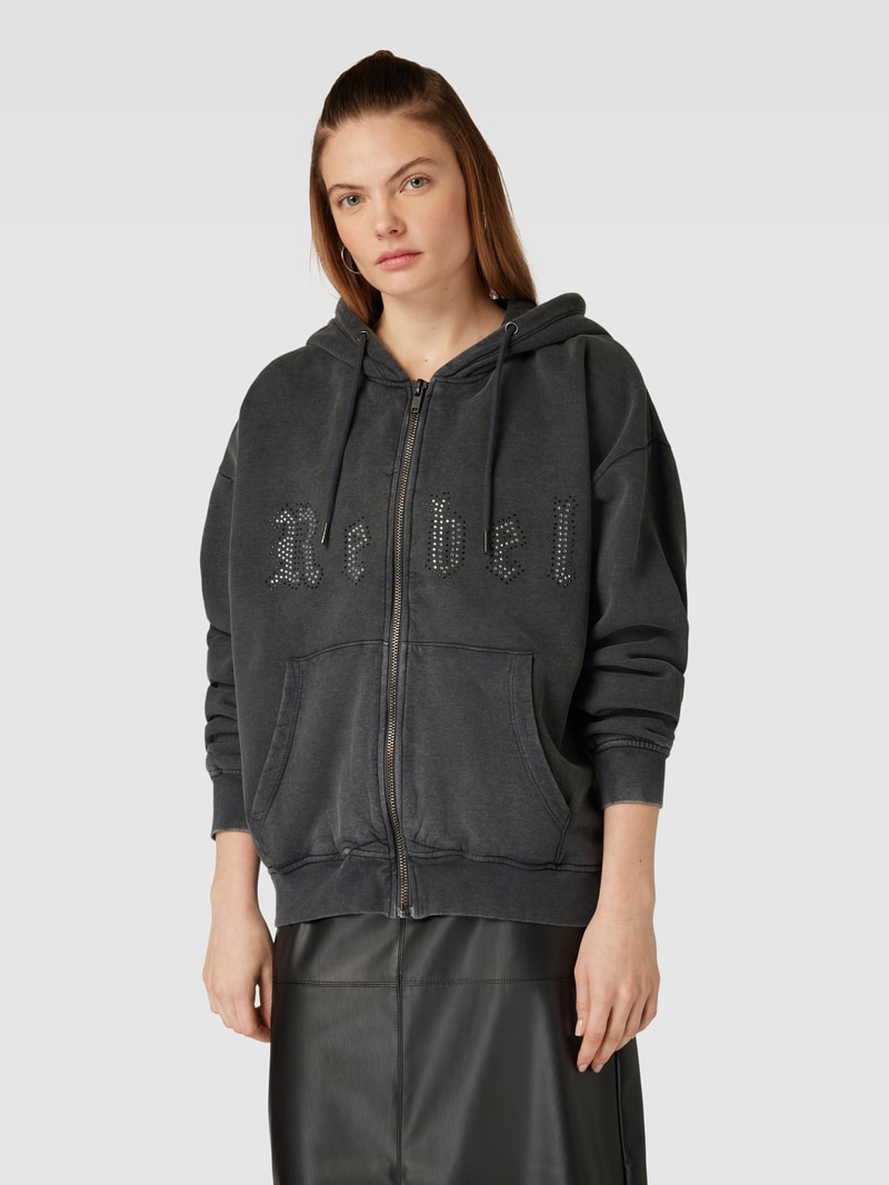 Sweatjacke mit Label-Print in anthrazit