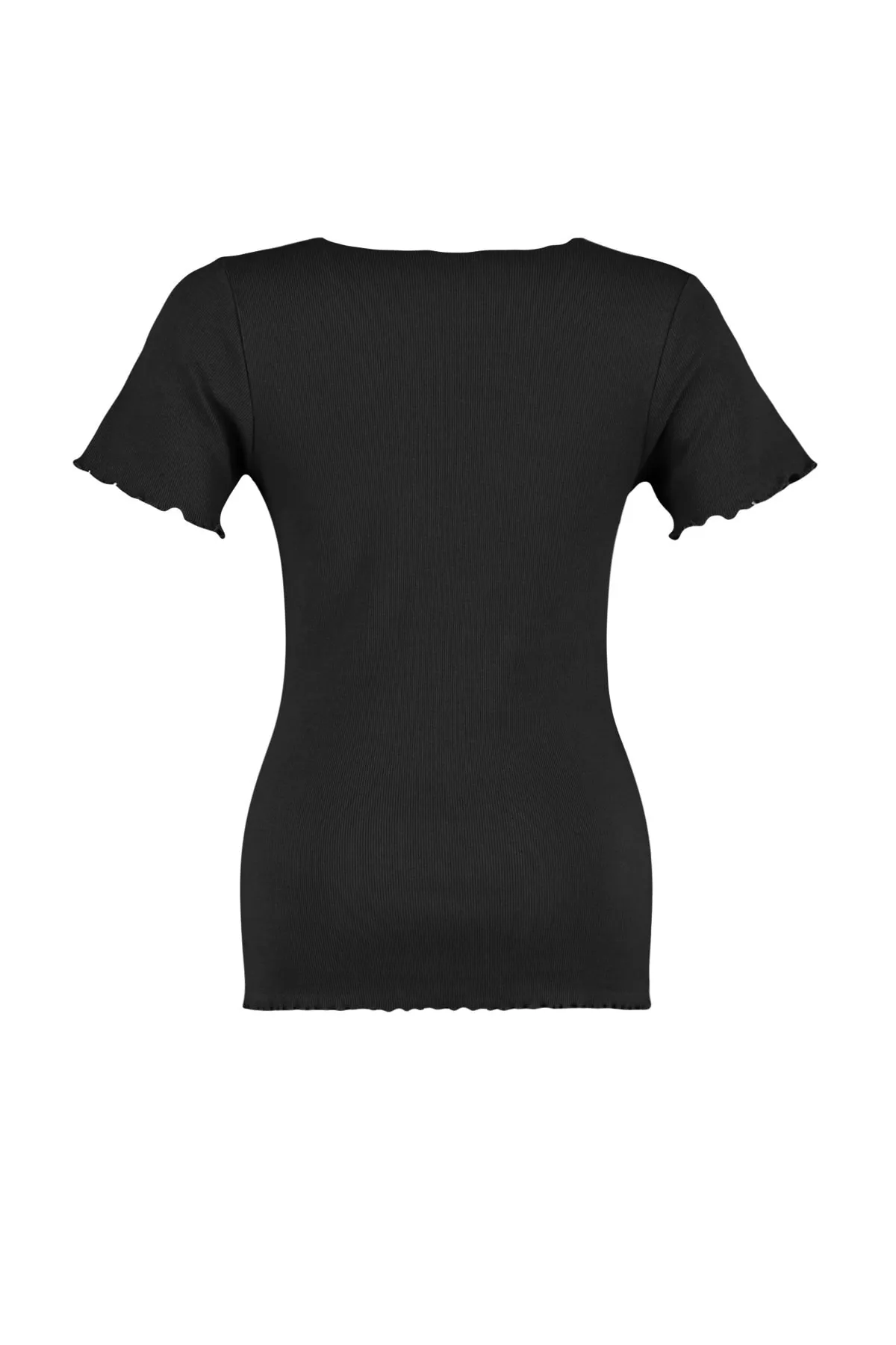 Trendyol Curve  Schwarzes, geripptes Strick-T-Shirt mit U-Ausschnitt TBBSS23BF00010
