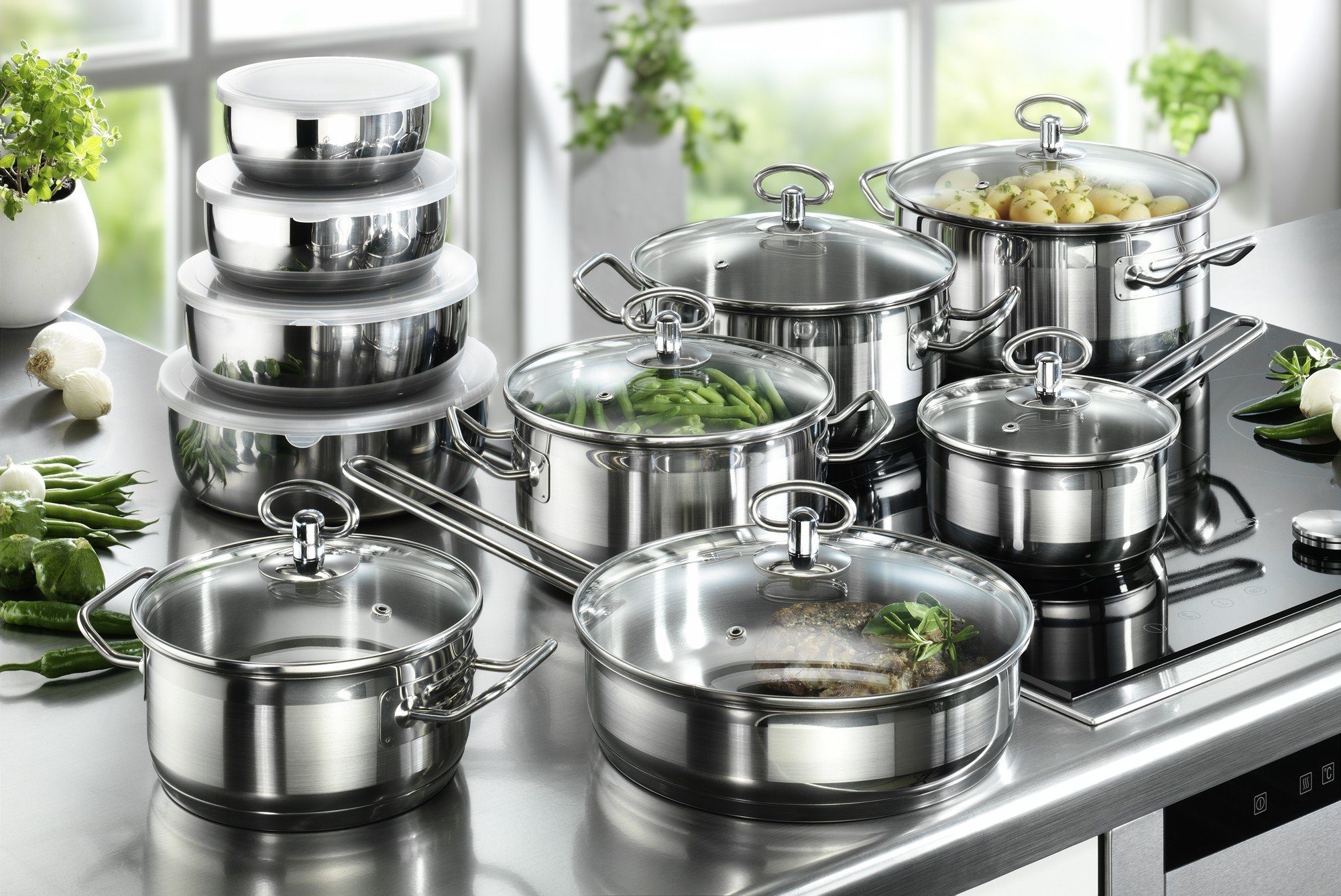 Karcher Topf-Set Kochtopfset Jasmin, Edelstahl (20-tlg), inkl. Glasdeckel und Edelstahl Schüssel Set, Induktion