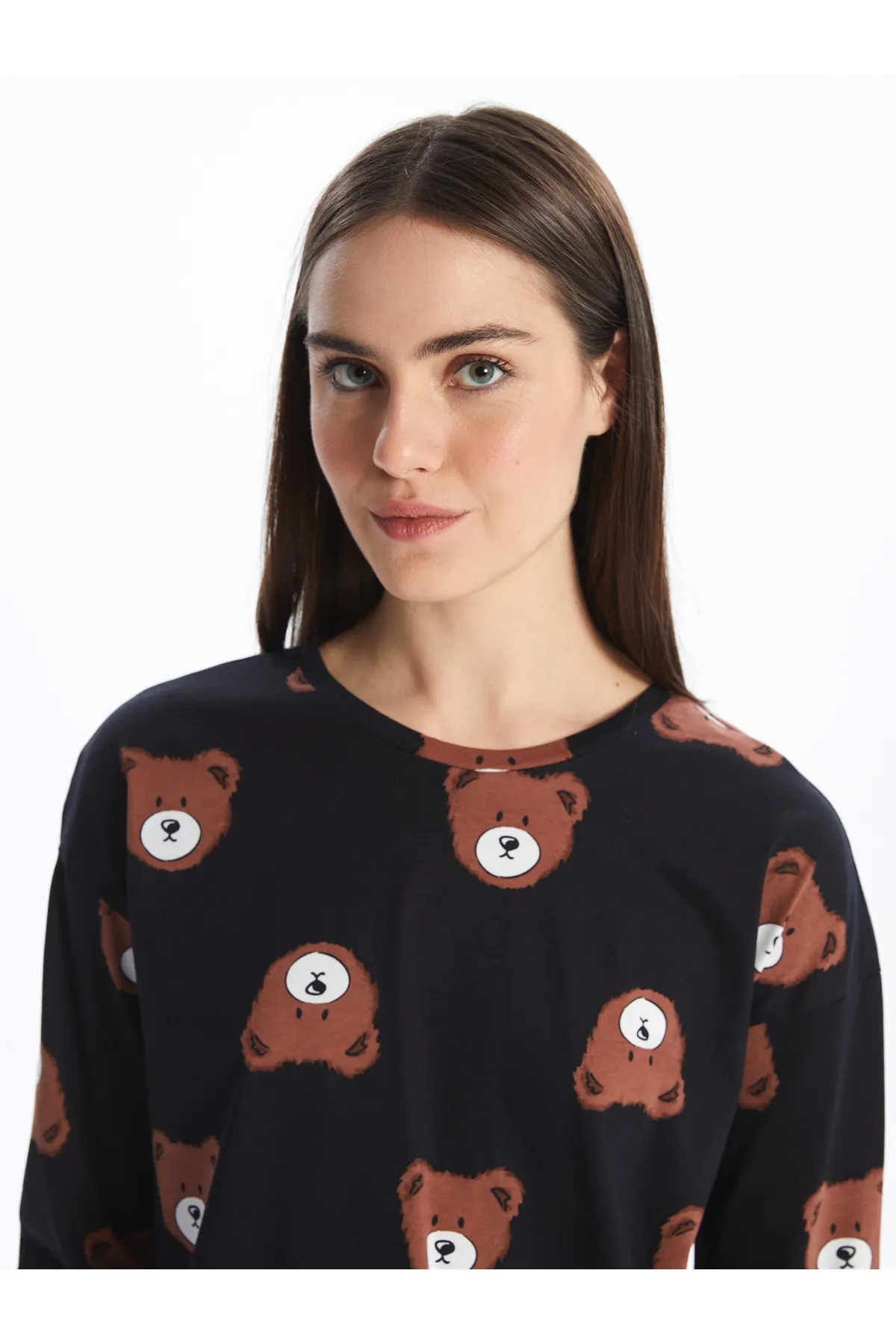 LC Waikiki  Bedrucktes Langarm-Damenpyjama-Set mit Rundhalsausschnitt