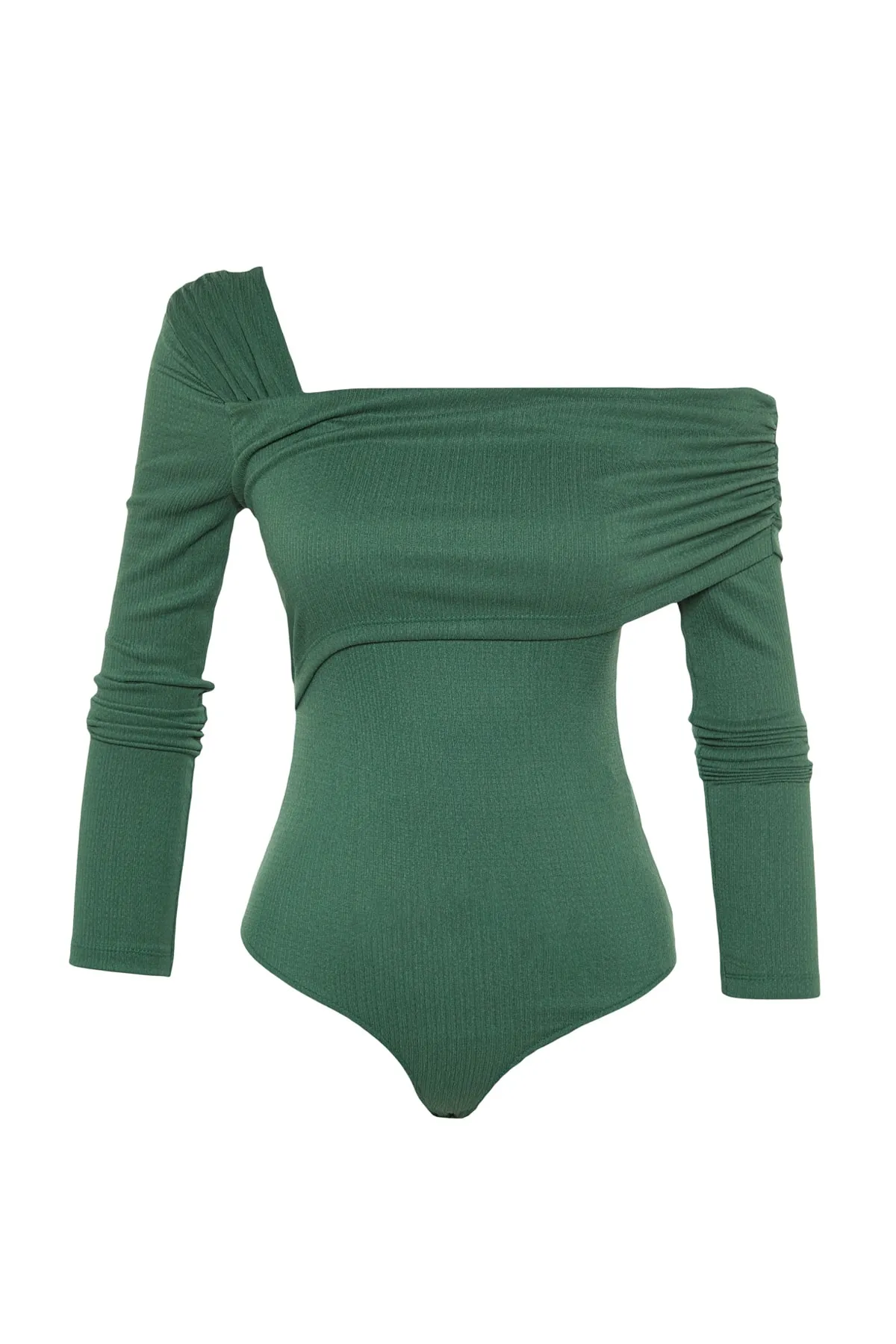 Trendyol Collection  Smaragdgrüner asymmetrischer Kragen, drapierter taillierter/körperbetonter Strickbody mit Wickelnieten TWOAW23BD00043