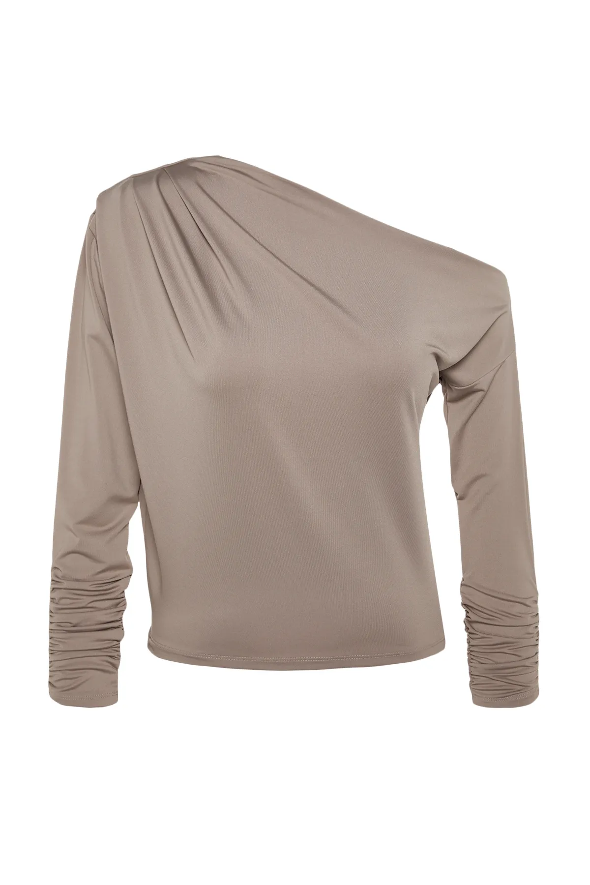 Trendyol Collection  Fließende, dehnbare Strickbluse mit asymmetrischem Kragen in Nerzfarben TWOAW21BZ1383