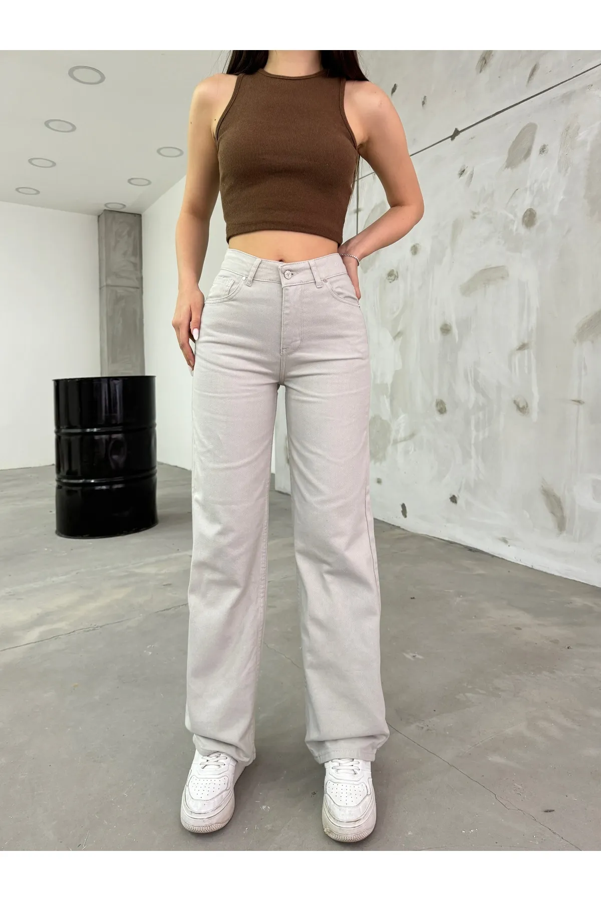 BİKELİFE  Damen-Palazzo-Hose mit hohem Bund und weitem Bein in Steinoptik