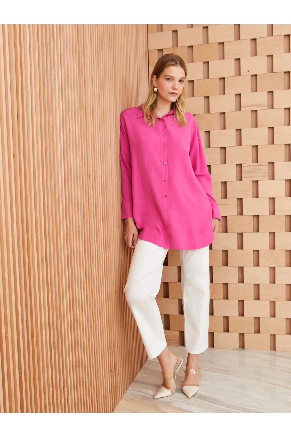 LC Waikiki  Hemdkragen Uni Langarm Leinenmischung Oversize Damen Tunika