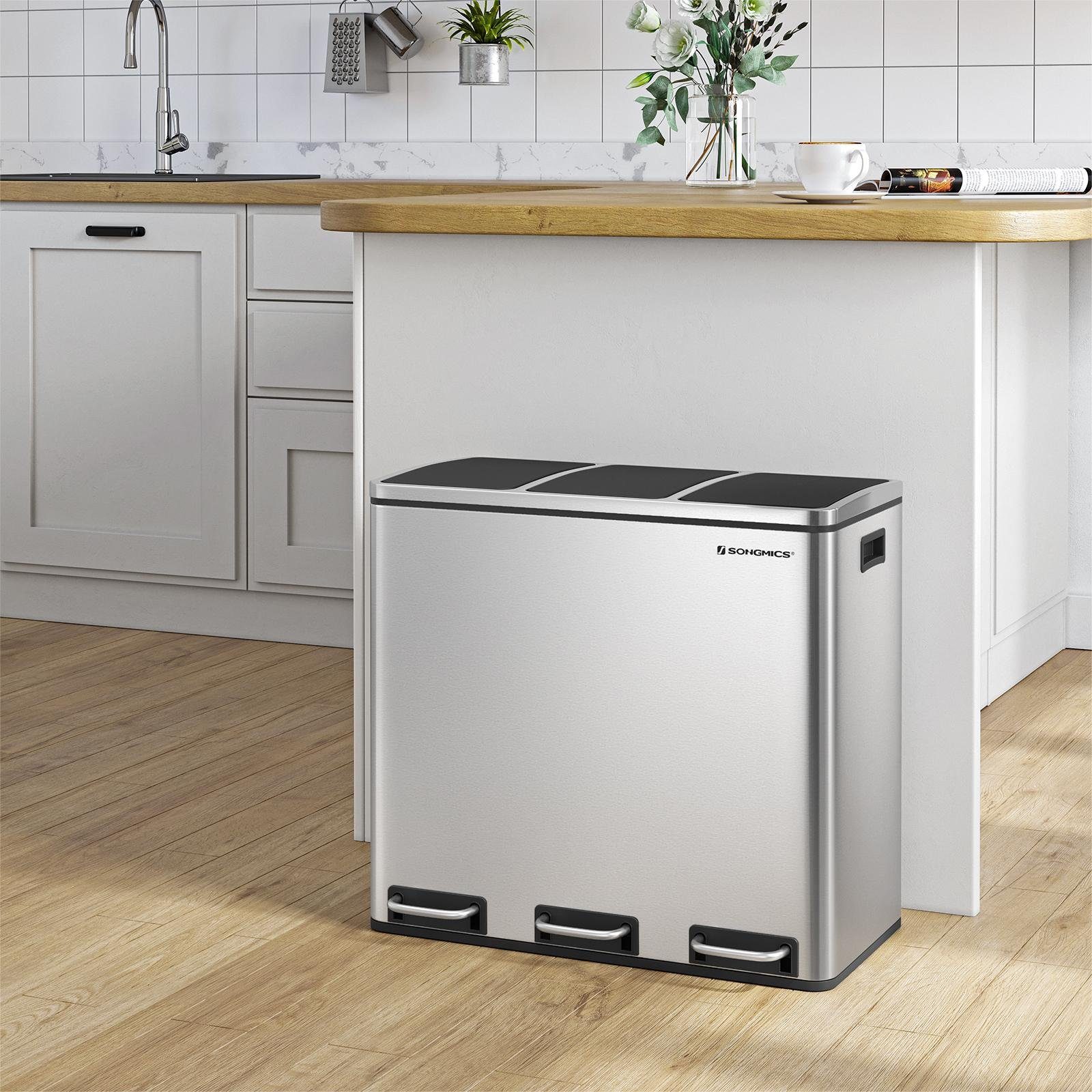 SONGMICS Mülleimer Mülltrennsystem, 3 x 18 L, ergonomisch, 3 Fächer, Küche