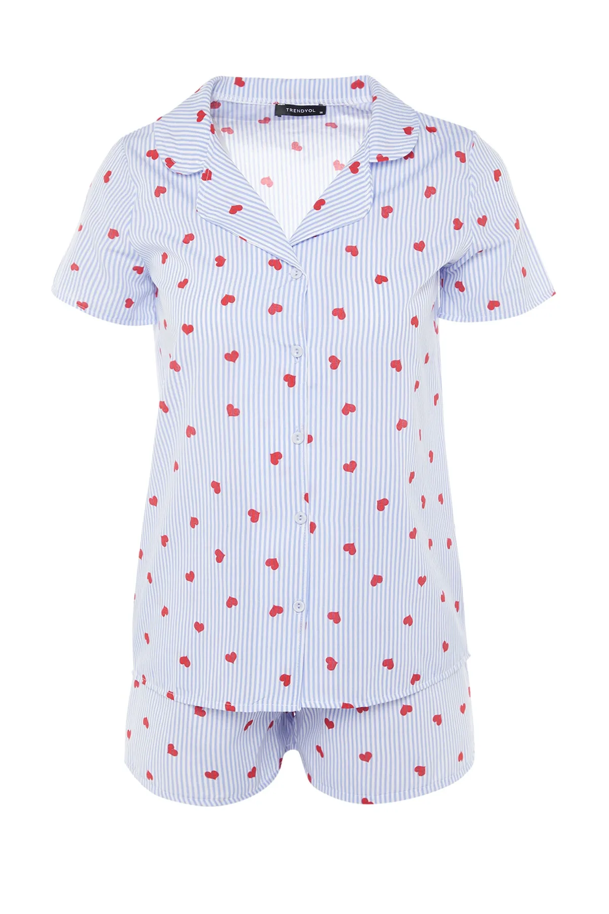 Trendyol Collection  Blau gestreiftes Pyjama-Set aus Viskosegewebe mit Herzmuster THMSS22PT0091