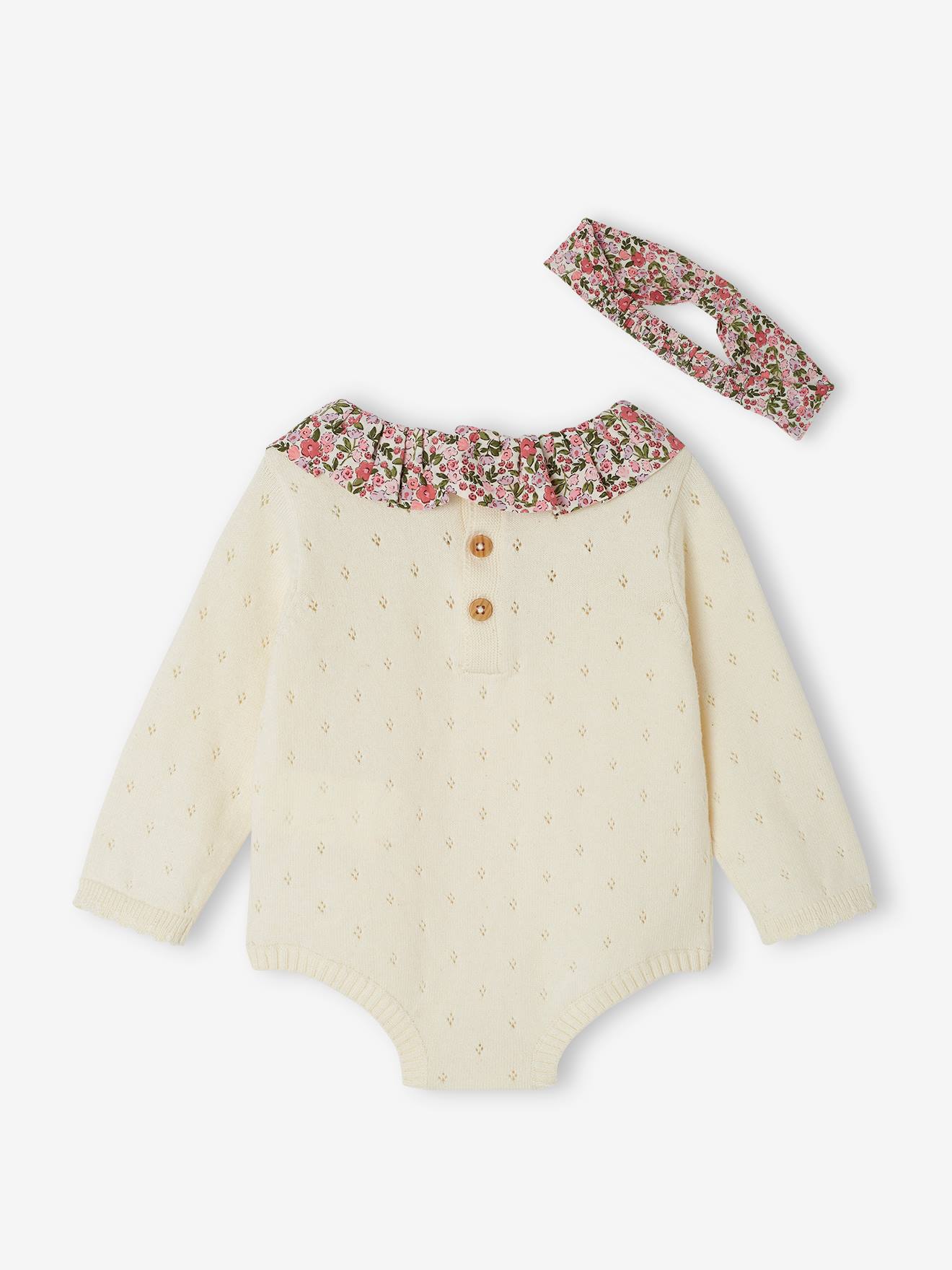 Vertbaudet Baby-Set: Kurzoverall & Haarband - wollweiß