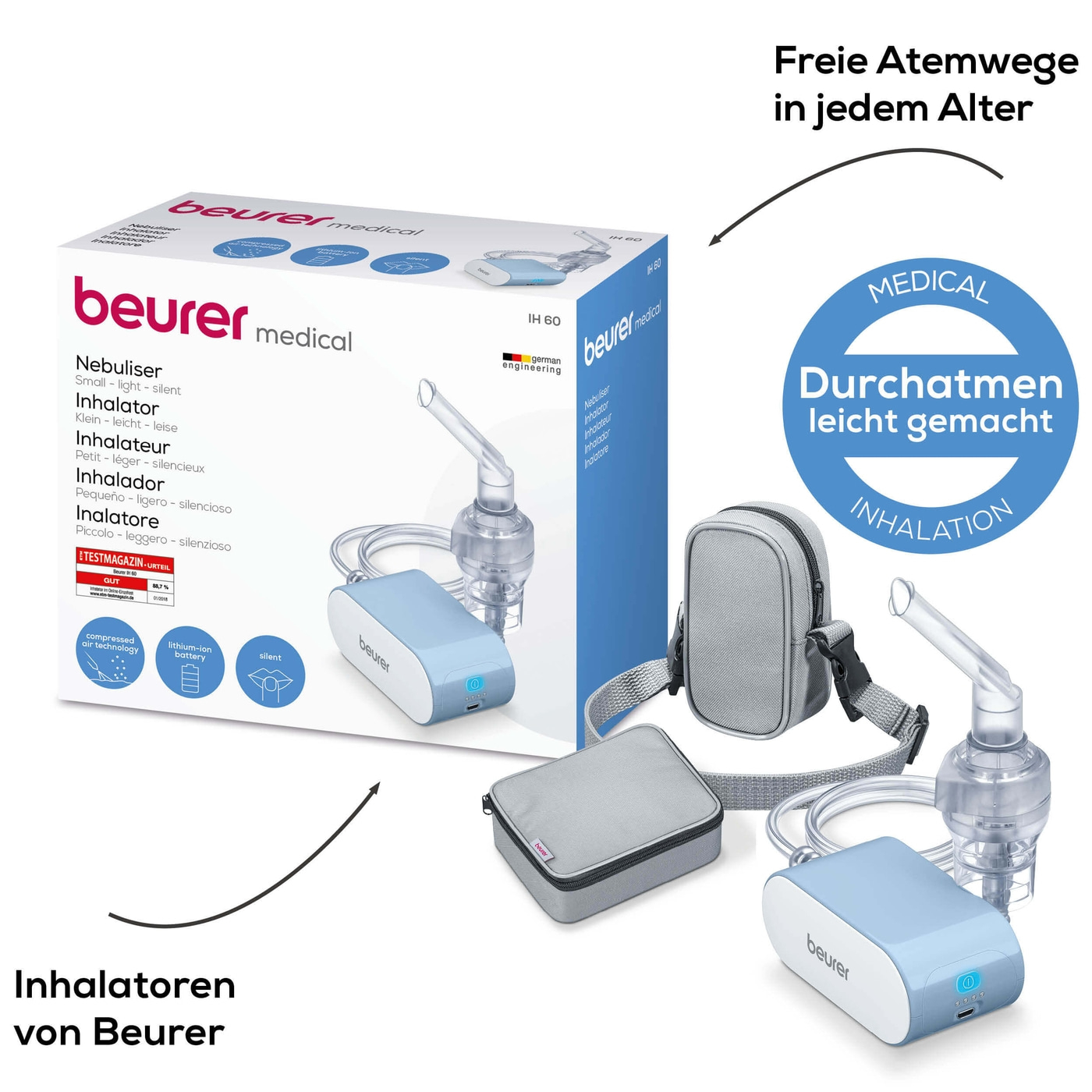 Beurer Inhalator IH 60-Kleines Inhaliergerät mit Kompressor-Drucklufttechnologie & kurzer Inhalationszeit