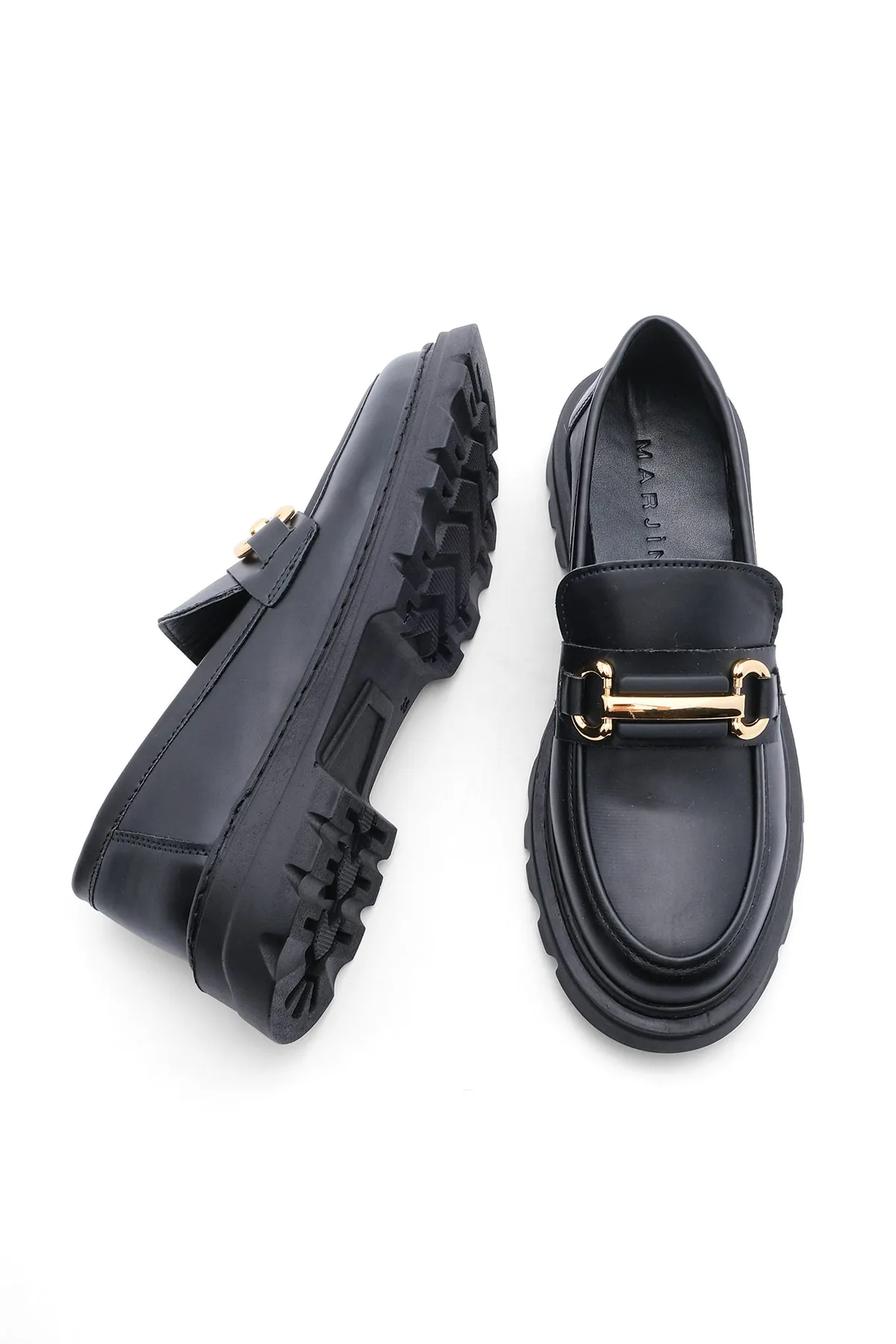 Marjin  Damen Loafer Dicke Sohle Kette Freizeitschuhe Yones Schwarz