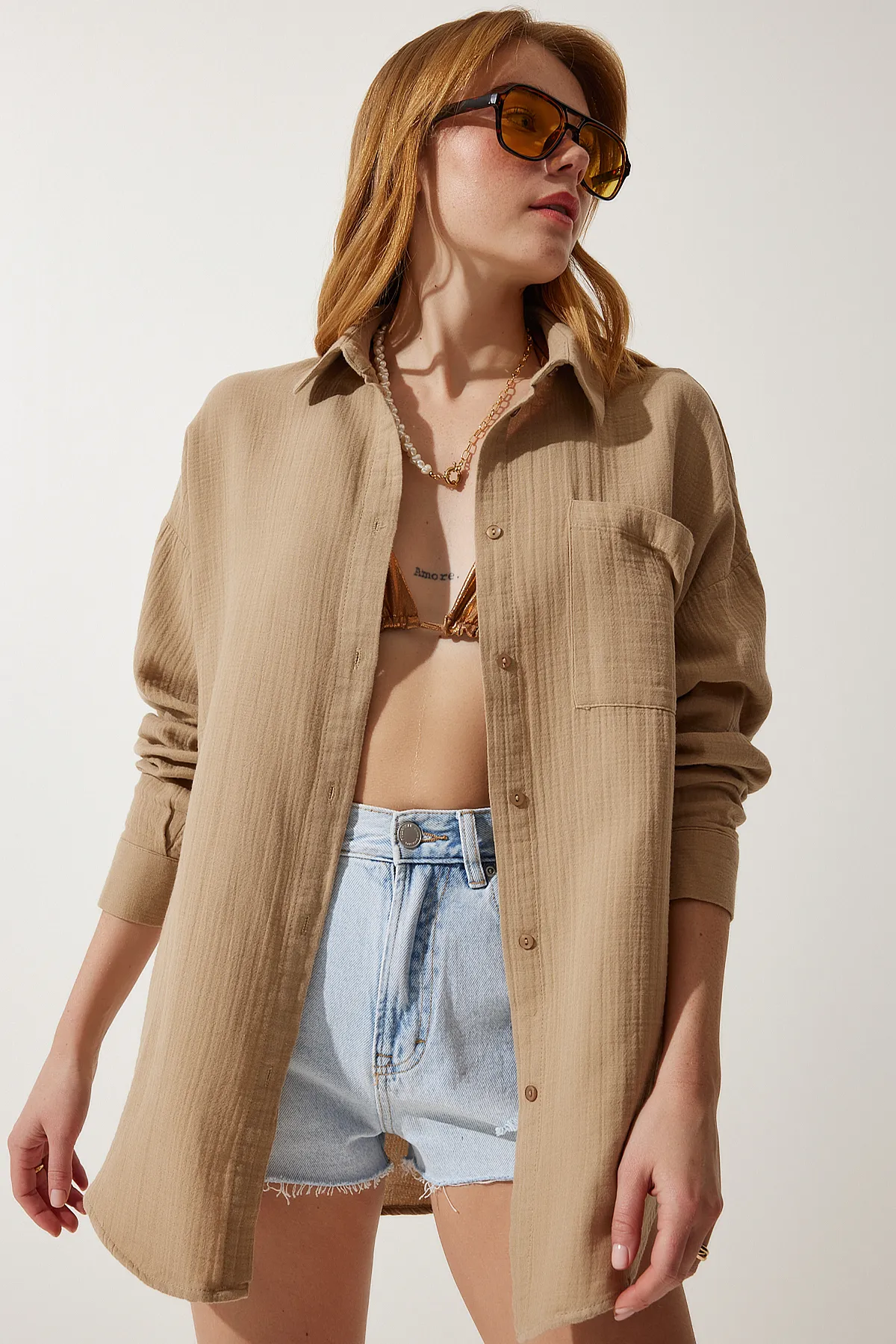Happiness İstanbul  Hemd - Beige - Oversized