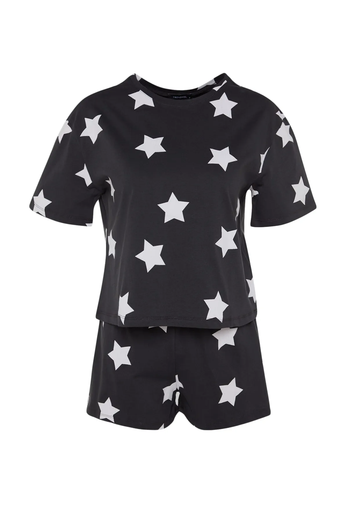 Trendyol Collection  Mehrfarbiges, gestricktes Pyjama-Set mit T-Shirt und Shorts aus 100 % Baumwolle mit Sternmuster THMSS22PT0501