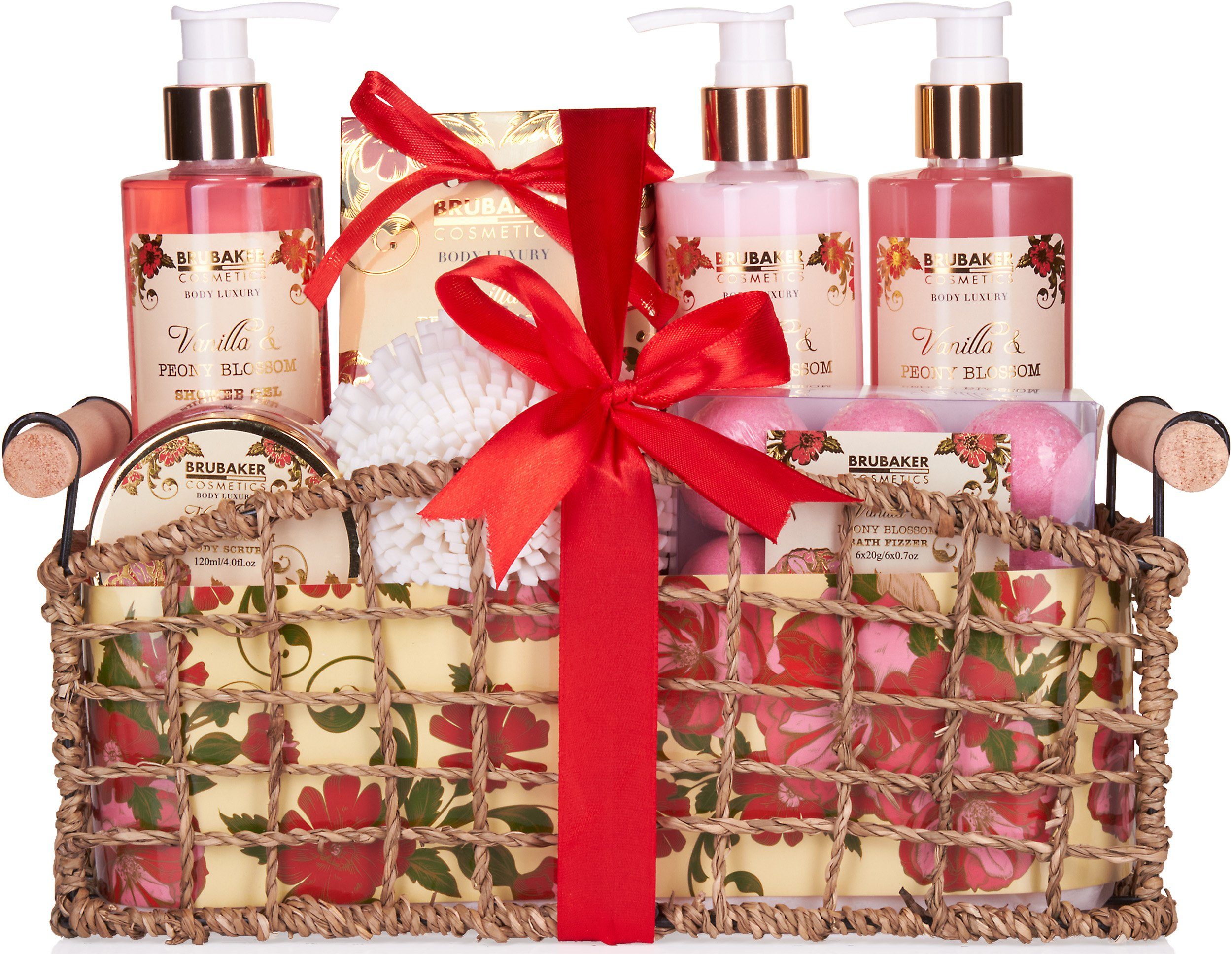 BRUBAKER Pflege-Geschenkset Dusch- und Badeset für Frauen, 13-tlg., Geschenkset in dekorativem Korb, Pfingstrosen Blüten Duft