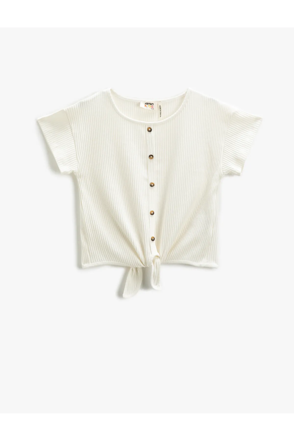 Koton  Basic Crop T-Shirt mit gebundener Taille, gerippten Knöpfen und kurzen Ärmeln