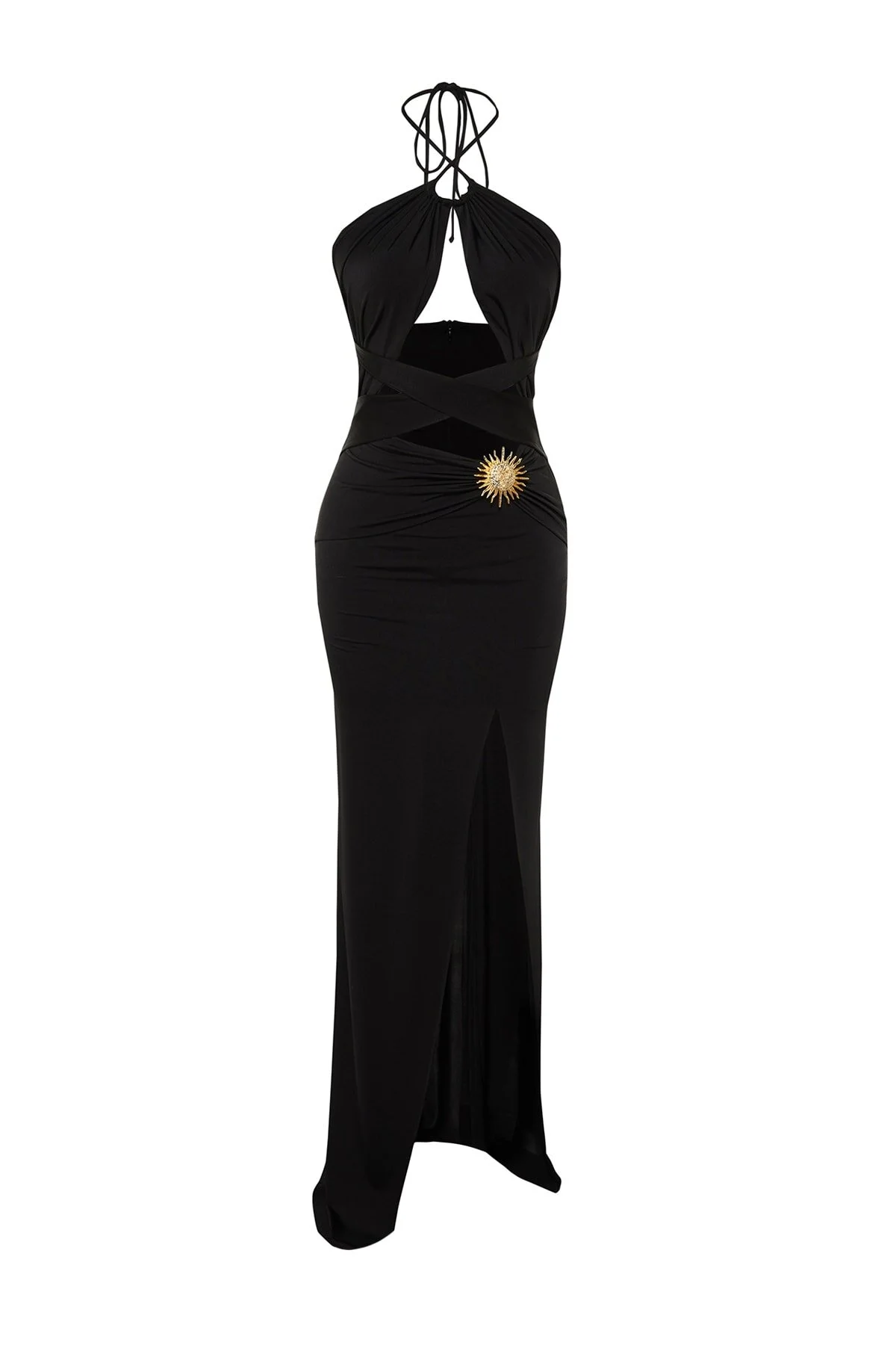 Trendyol Collection  X Zeynep Tosun Schwarzes, figurbetontes Abend- und Abschlusskleid mit Sonnenaccessoires TCLSS23AE00003