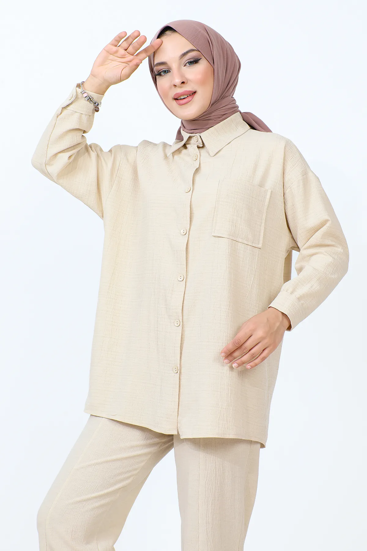 Tesettür Dünyası  Doppelter Anzug mit Taschendetail TSD231009 Beige