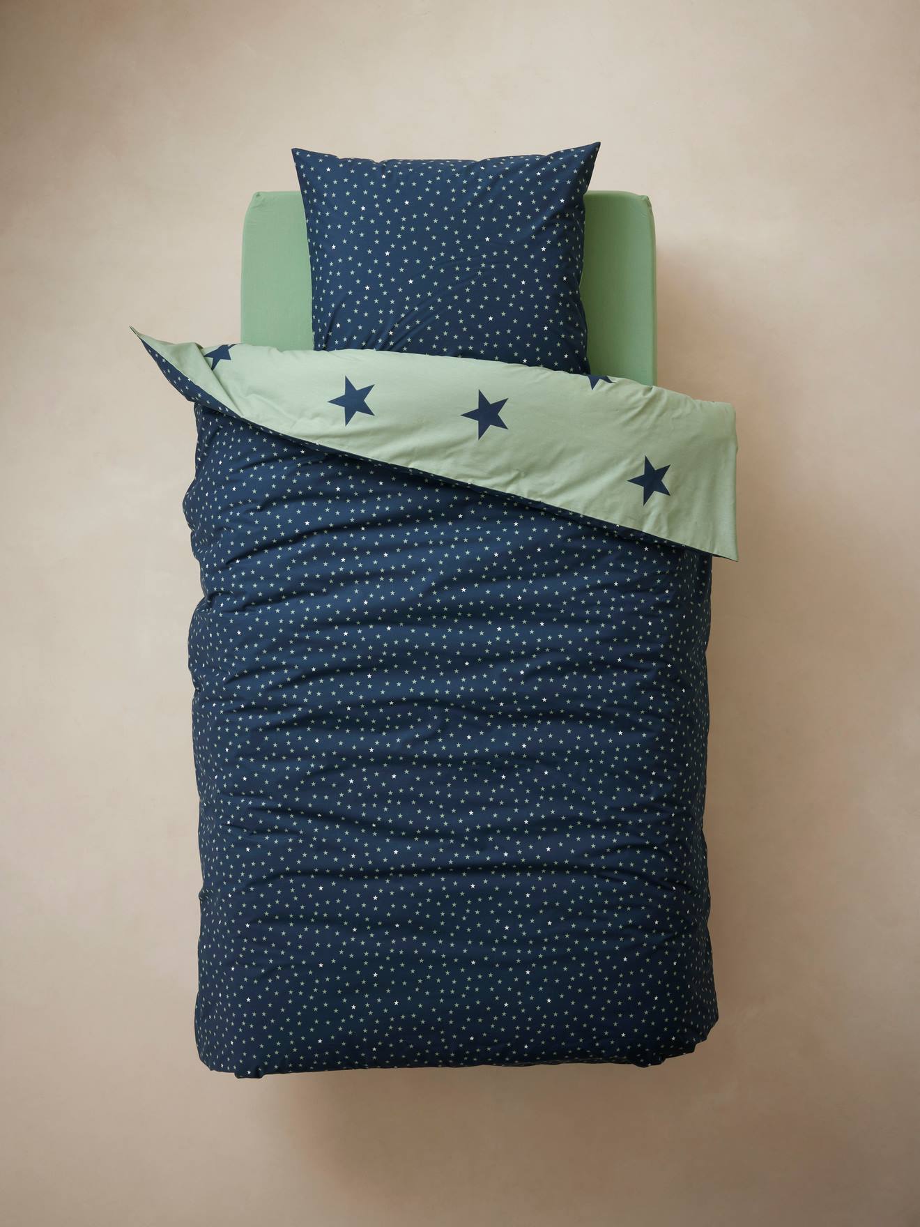 Vertbaudet Kinder Bettwäsche-Set DREAM BIG Oeko-Tex - khaki/marine sterne